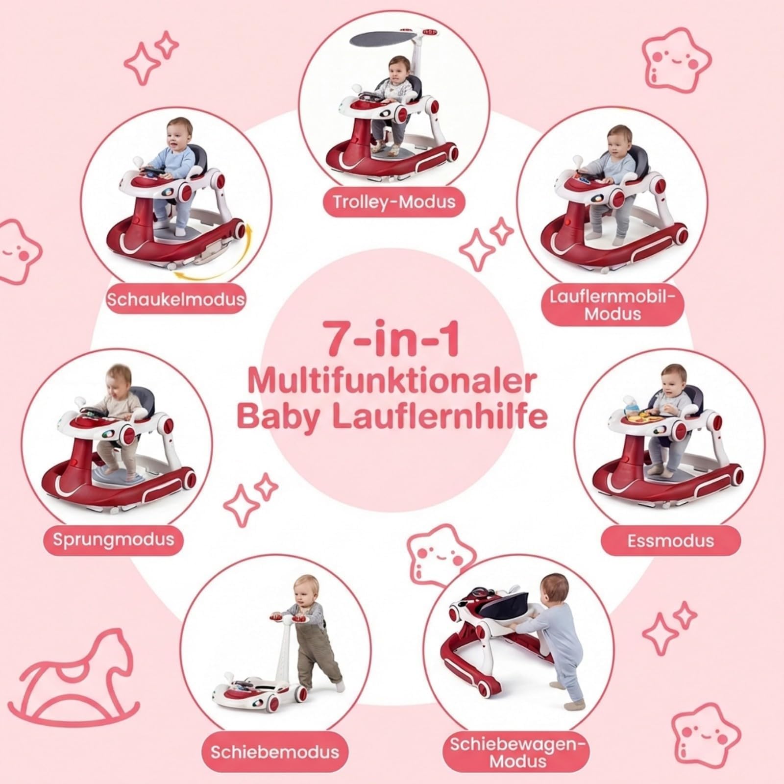FANTASK 7 in 1 Lauflernhilfe mit abnehmbarem Verdeck, Lauflernwagen höhenverstellbar mit Spielboard, Musik, Licht & Rädern, Gehfrei mit einstellbarer Geschwindigkeit für Baby ab 6 Monaten (Weinrot)