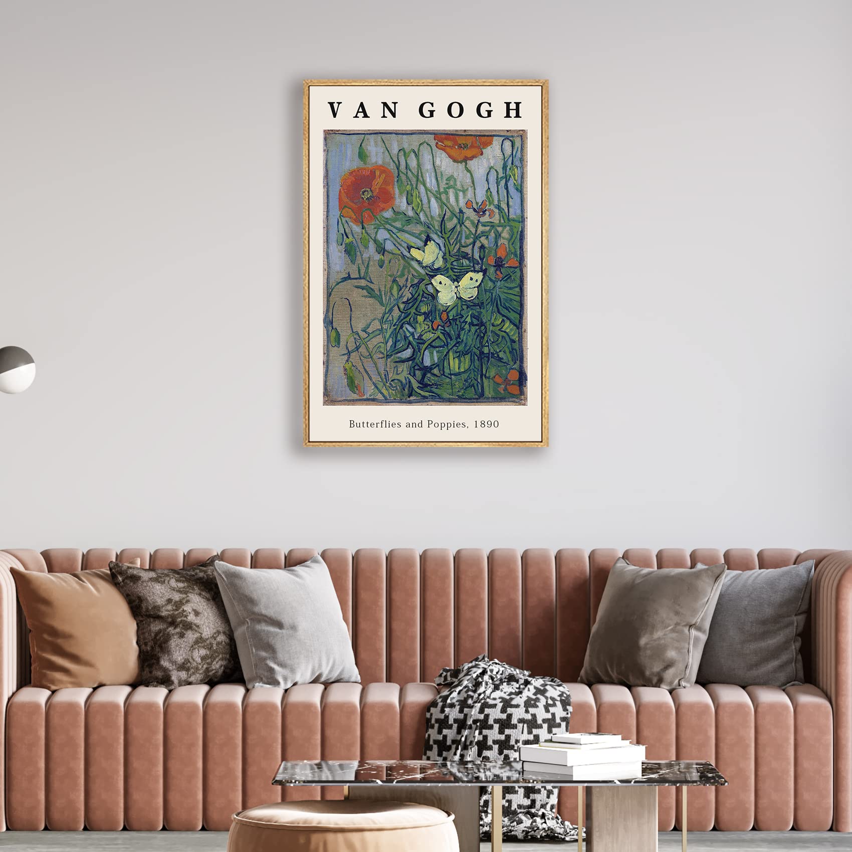Vincent Van Gogh Framed Wall Art Print Butterflies And Poppies Flowers by Van Gogh Canvas Prints Painting Reproduction for Living Room Bedroom Kitchen Office Home Decor 12"x16" Natural Framed — view 3