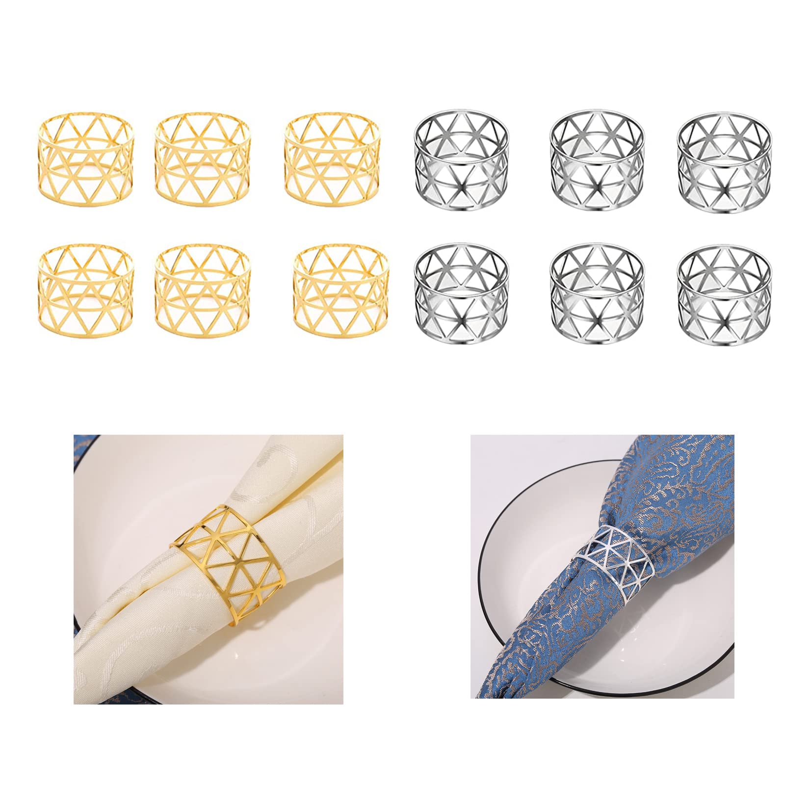 6 Servilleteros de Metal Dorado y 6 Plateados, Triangle Servilletero de Metal, Anillo de Servilleta Servilletero, para Ramadán, Bodas, Banquetes, Aniversario, Fiesta Cumpleaños