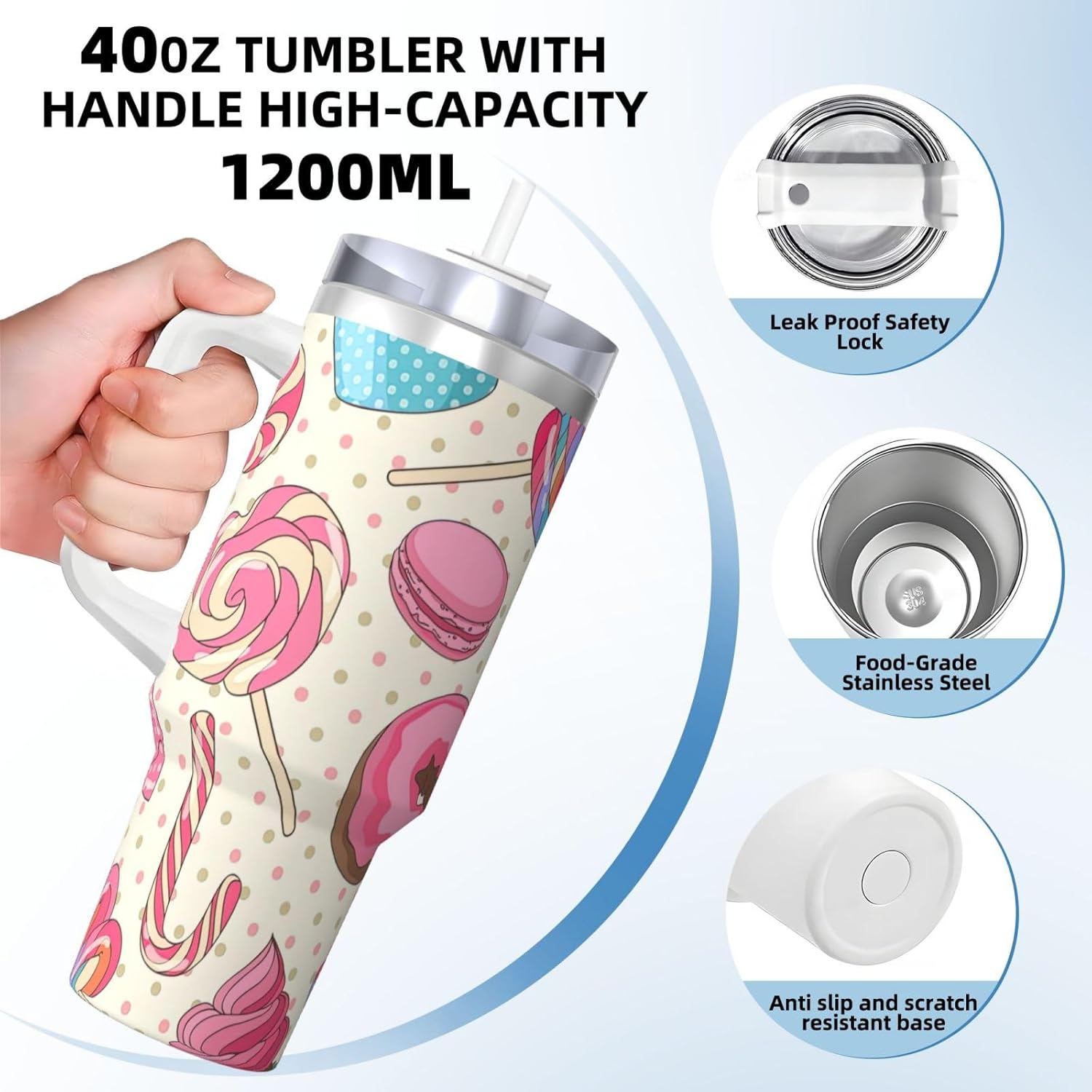 40 OZ Sweet Lollipop Cupcake Print Ice Bully Cup with Handle Straw Lid Straw,Stainless Steel Tumbler Coffee Cup