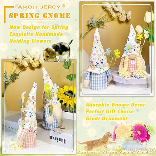 Miniatura 3 de AMOH JERCY Juego de 2 gnomos de primavera, adorno de gnomo con temática de flores de primavera, exquisito tamaño más pequeño de 7.5 pulgadas, pareja