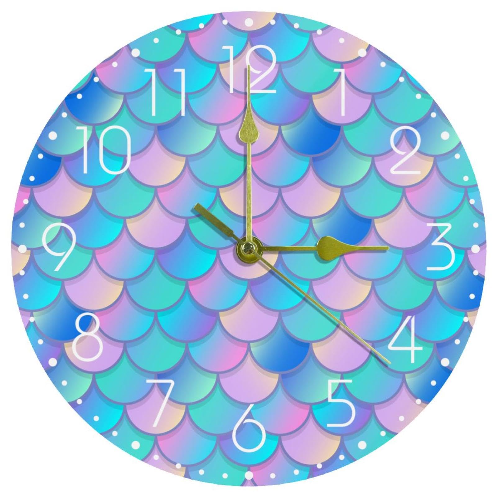 Horloge décorative pour salon et chambre motif sirène aquarelle rose et bleu