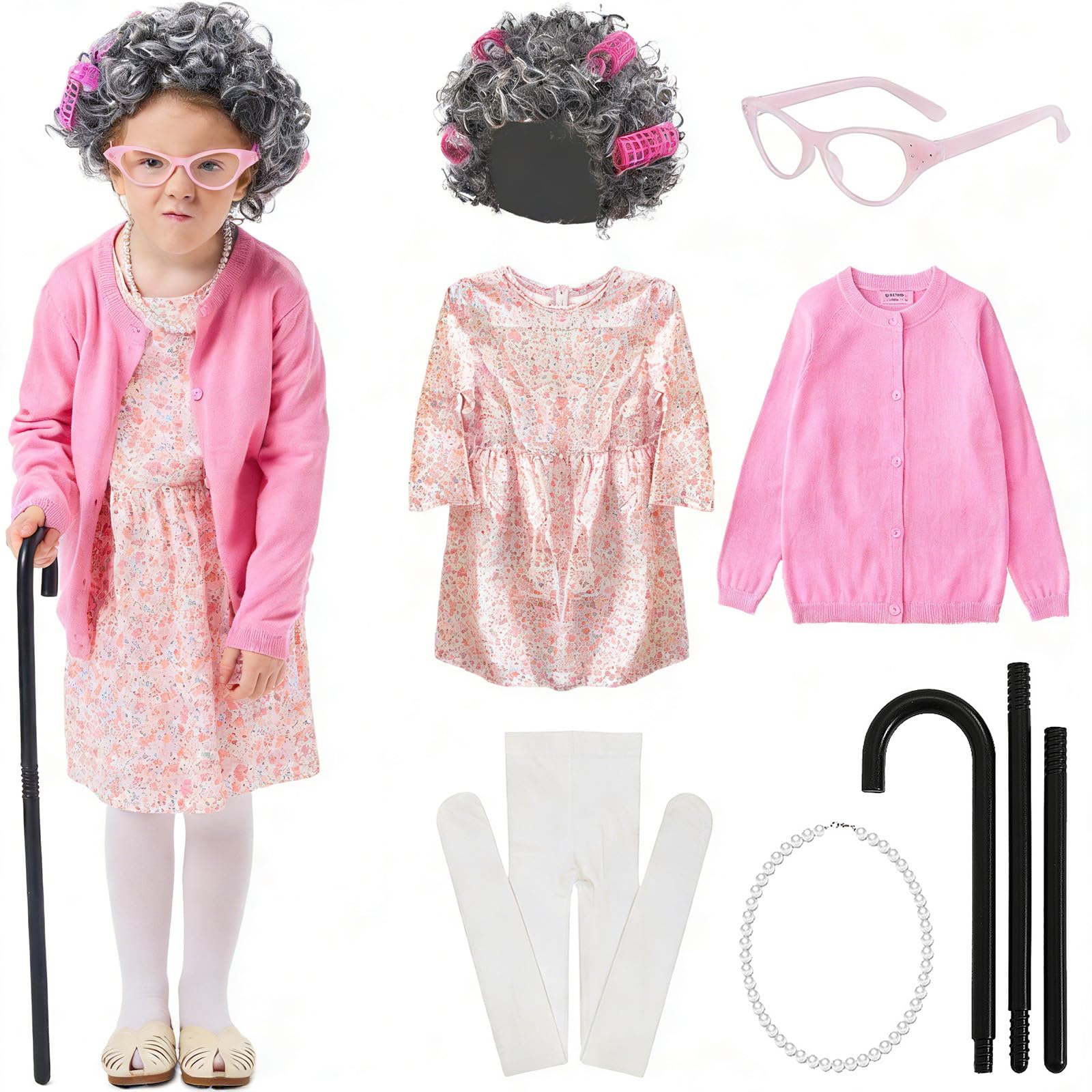 JoyFuncos Granny Costume Kids Old Lady Fancy Dress Outfit Grandma Wig Dress Glasses Necklace Girls Cosplay for Halloween 100 Days of School World Book Day (Pink