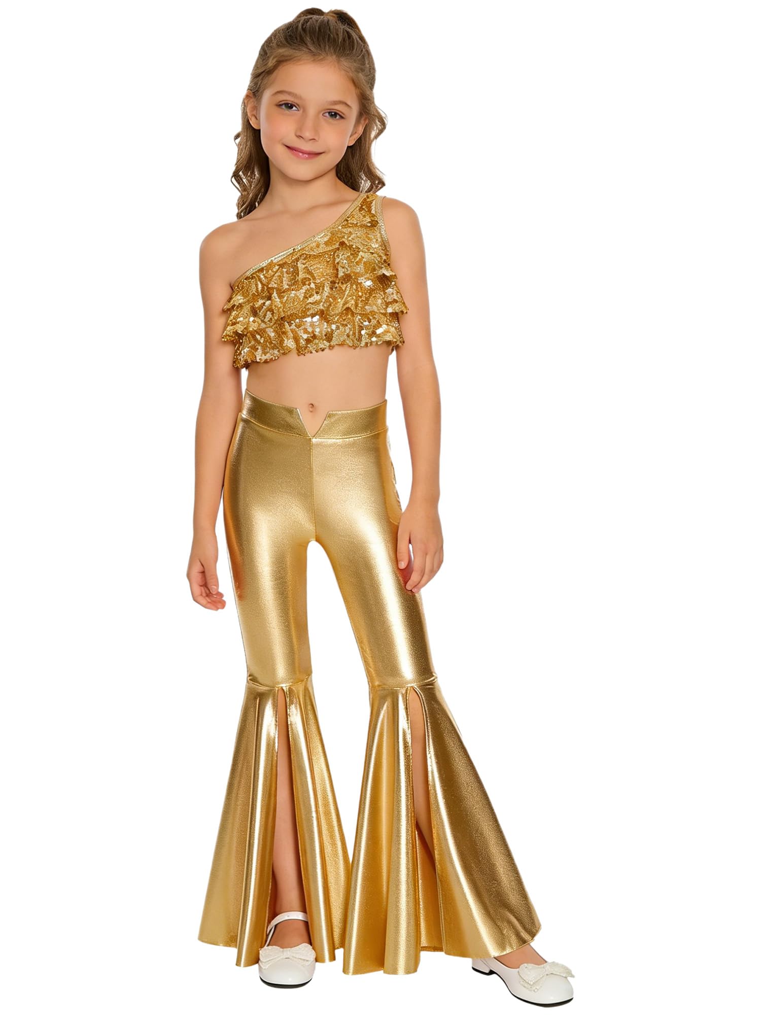 Bambina Costume da Danza Disco Metallico e Brillante con Crop Top Monospalla e Pantaloni Evasati per Performance Festa a Tema