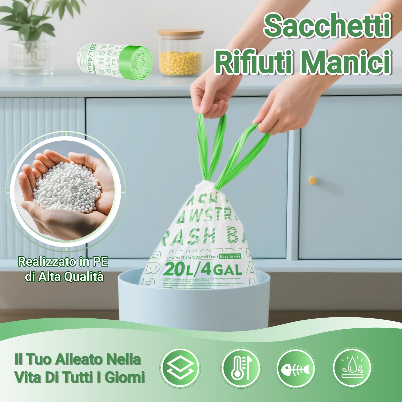 OKKEAI 90 Sacchetti Spazzatura Piccoli 20L Bianchi con Manici a Cordoncino - Sacchetti Immondizia Pretagliati, Buste Spazzatura Resistenti, Antistrappo, Impermeabili, Fondo Anti-Perdite, per Casa