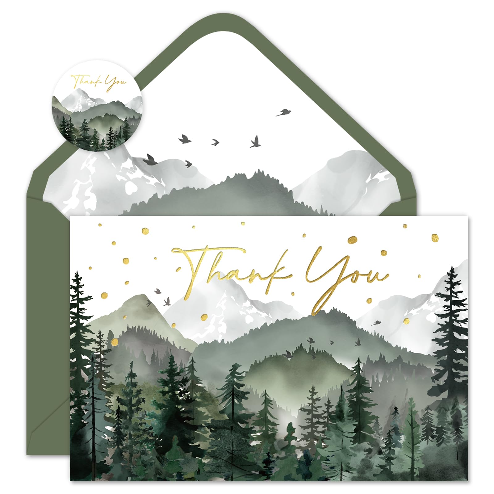 FYSUIMU 24 Pack Mountain Forest Thank You Cards Golden Polka Dot Watercolor Tree Greeting Cards with Envelopes Stickers Gold Foil Blank Note Card for