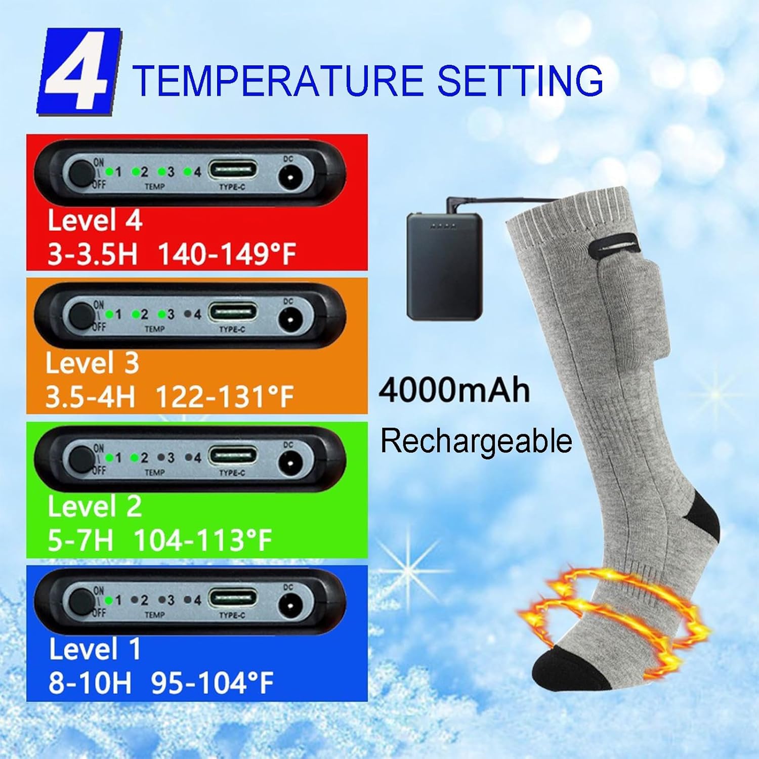 Heated Socks for Women,Heated Socks Rechargeable,4000mAh Battery with 4 Heating Levels,Winter Thermal Foot Warmers for Hunting Skiing Camping