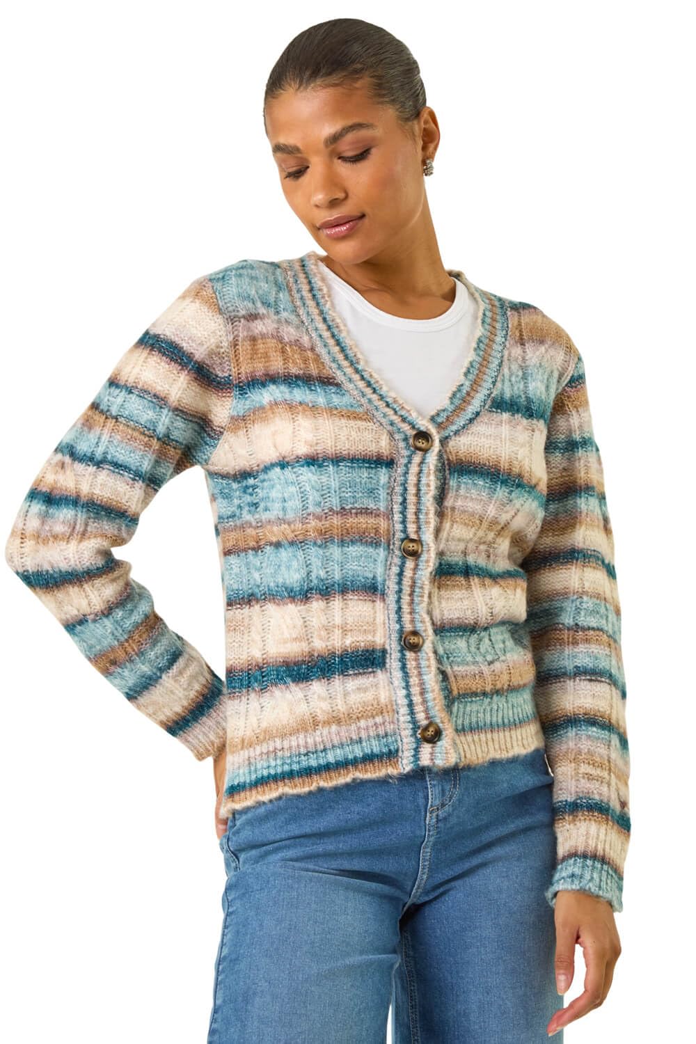 Roman Originals Women's Light Blue Stripe Buttoned Cable Knit Cardigan For Uk - Everyday Autumn Winter V-Neckline Comfy Soft Evening Vacation Work Party Night Out - Size 14