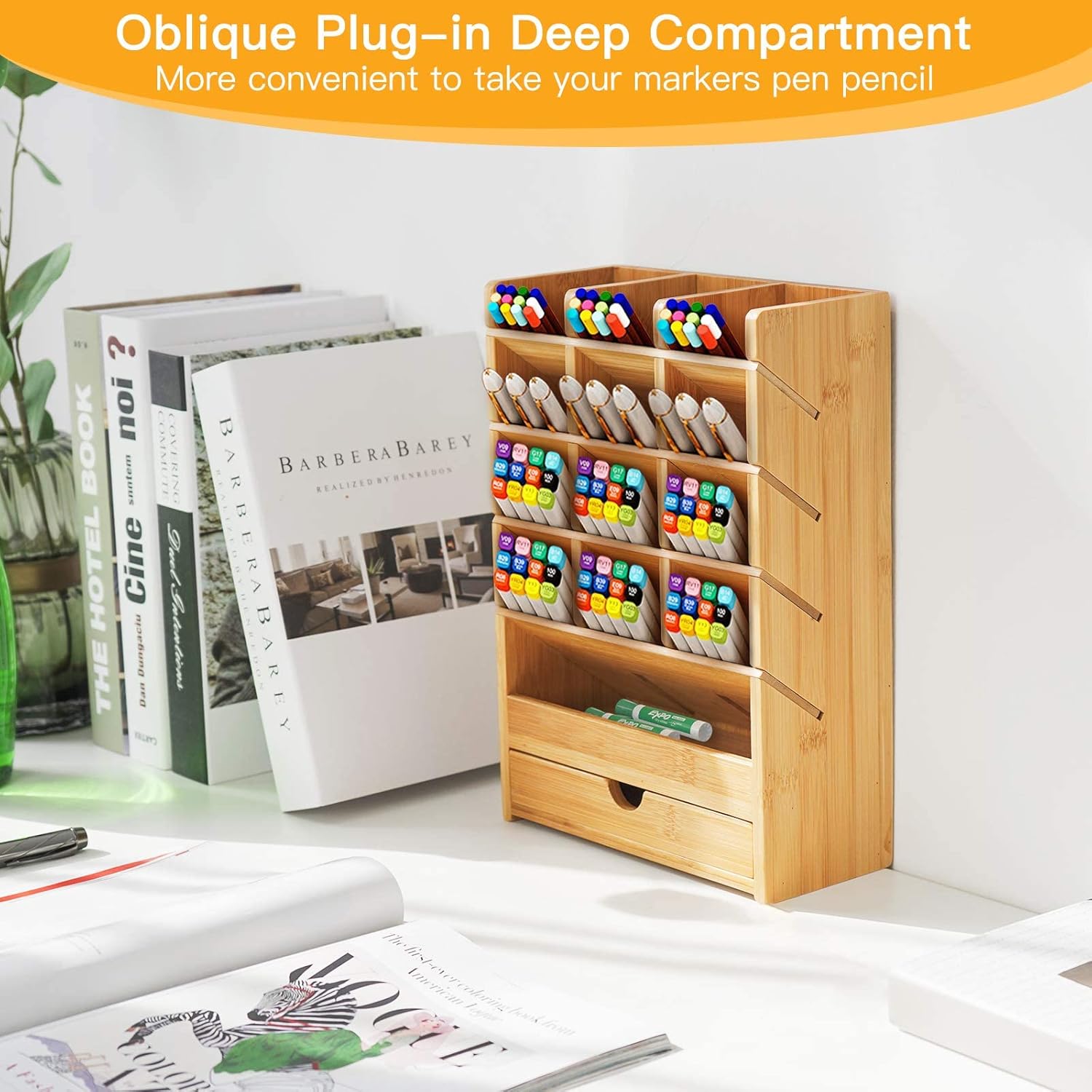 Bamboo Desk Organizer, Multi-Functional DIY Wooden pencil holder with 14 Compartments for Home Office Art Supply by FURNINXS : Office Products