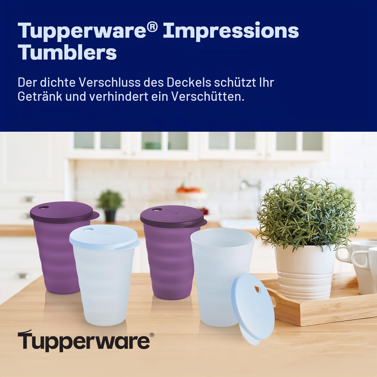 Tupperware Impressions Trinkbecher-Set in Blau und Lila, 4 Stück, spülmaschinenfest und BPA-frei (4 Trinkgläser, 4 Deckel, je 502 ml)