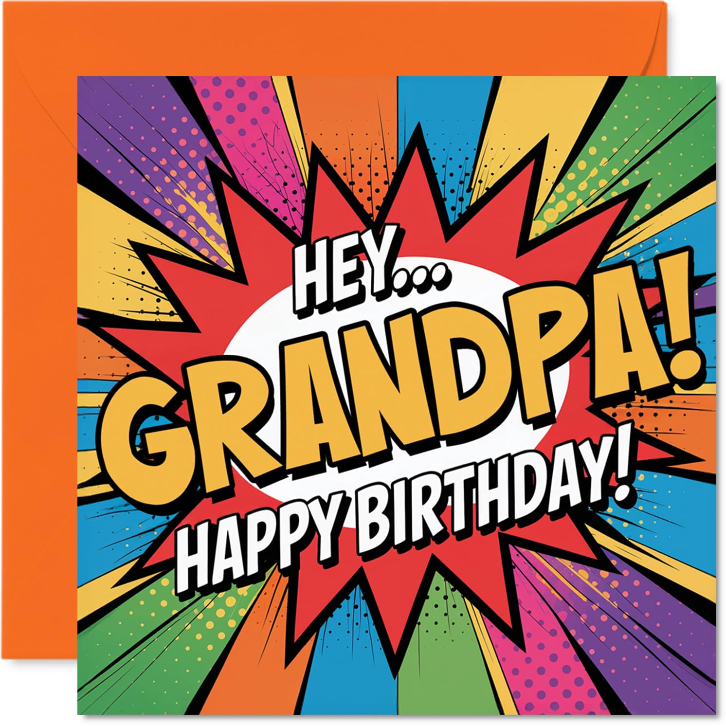 Playful Birthday Card for Grandpa - Bursting with Comic Energy - Vibrant Pop Art Design with Bold 'hey... Grandpa!' - 145mm Square, Envelope Included