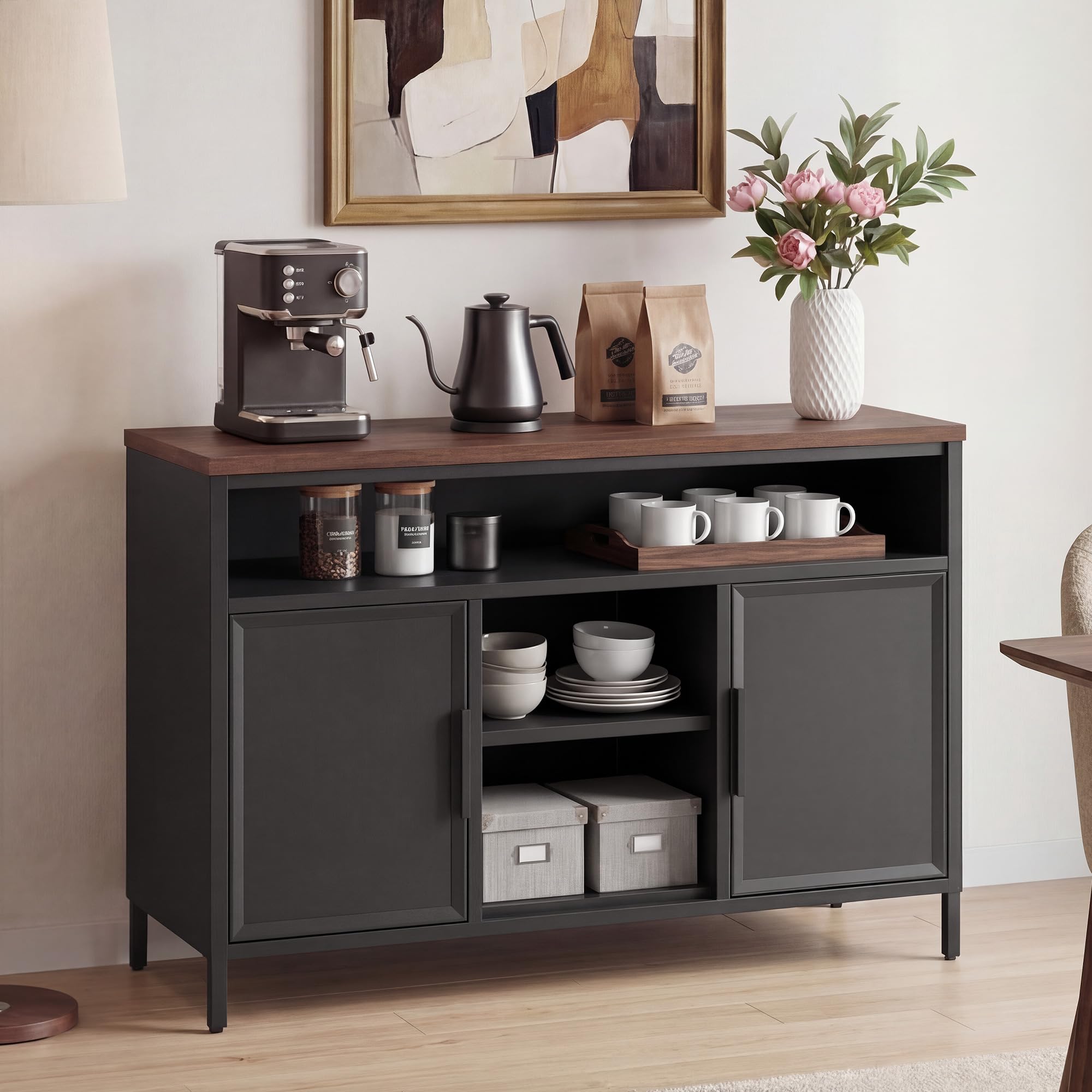 YITAHOME Aufbewahrungsschrank, Metallschrank, Sideboard, Schrank mit Doppeltür, Magnetverschluss, verstellbare Einlegeböden, Stahlgestell