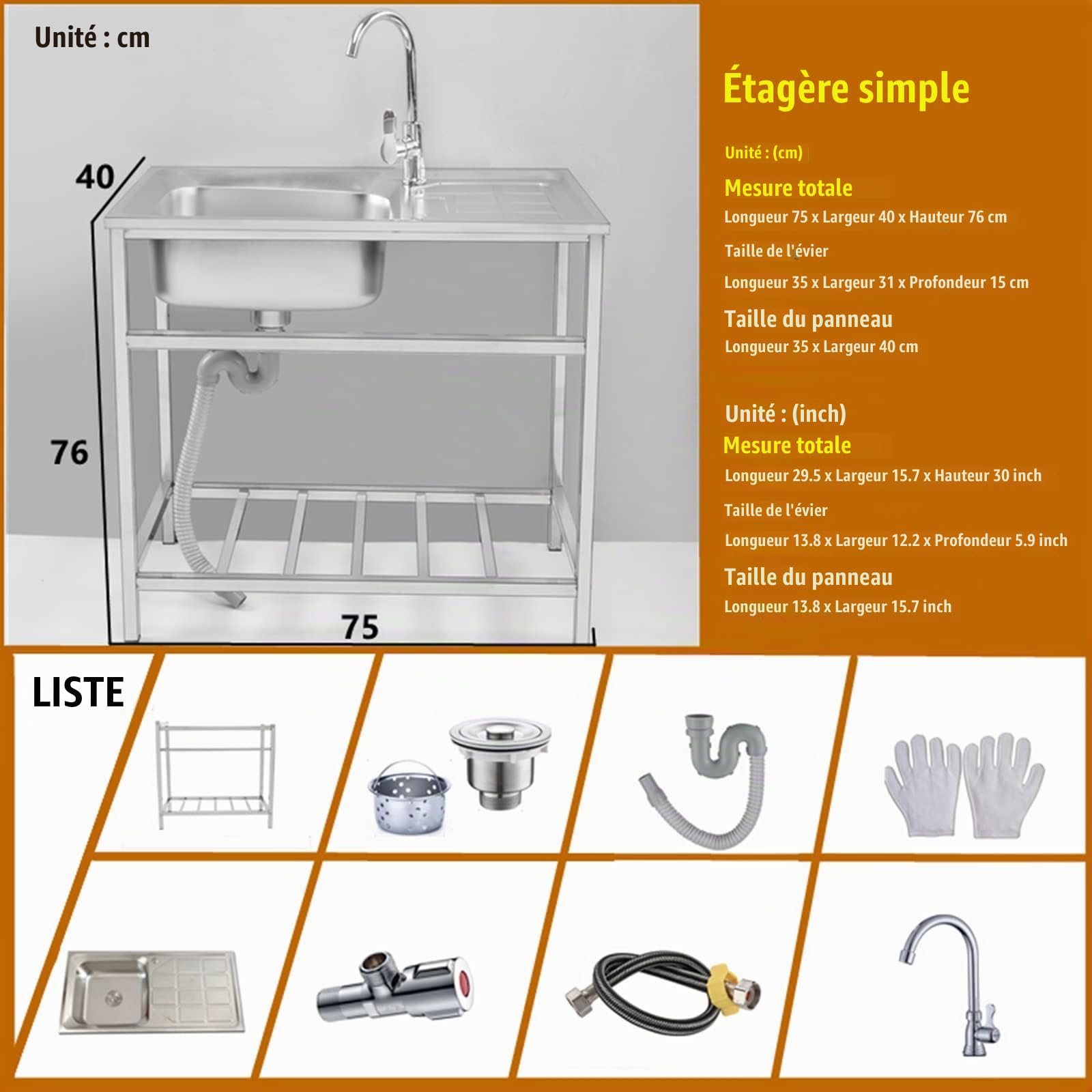 Grand Évier Cuisine Inox Autoportant avec Robinet et Support - Plate-Forme D'exploitation, Plonge pour Restaurant, Garage, Jardin (Color : Single Cold)