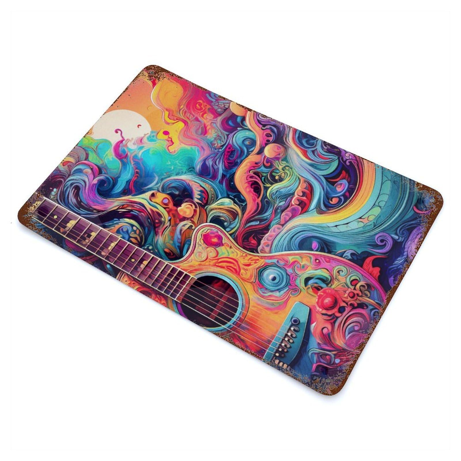 Abstract Guitar Art Psychedelic Rusty Metal Tin Sign 11.8"x7.9", for Basement, Hobby Room And Garage Decor, Retro Wall Decor