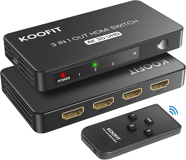 HDMI Switch 4K@60Hz, KOOFIT HDMI Switch 3 In 1 Out with Remote, HDMI Switcher Auto HDMI Multi Connector Supports 4K 3D UHD, Switch HDMI Splitter for PS5, PS4, PS3, DVD, Blu-ray, Xbox, Roku, PC, TV