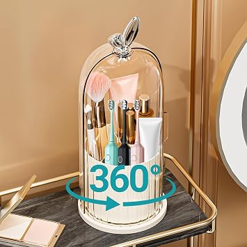 Toothbrush Holder with Sliding Lid, Toothbrush Holders for Bathrooms,360 Rotating Makeup Brush Storage Rack - Waterproof and Dustproof, Toothbrush Toothpaste Holder Beauty Brush White