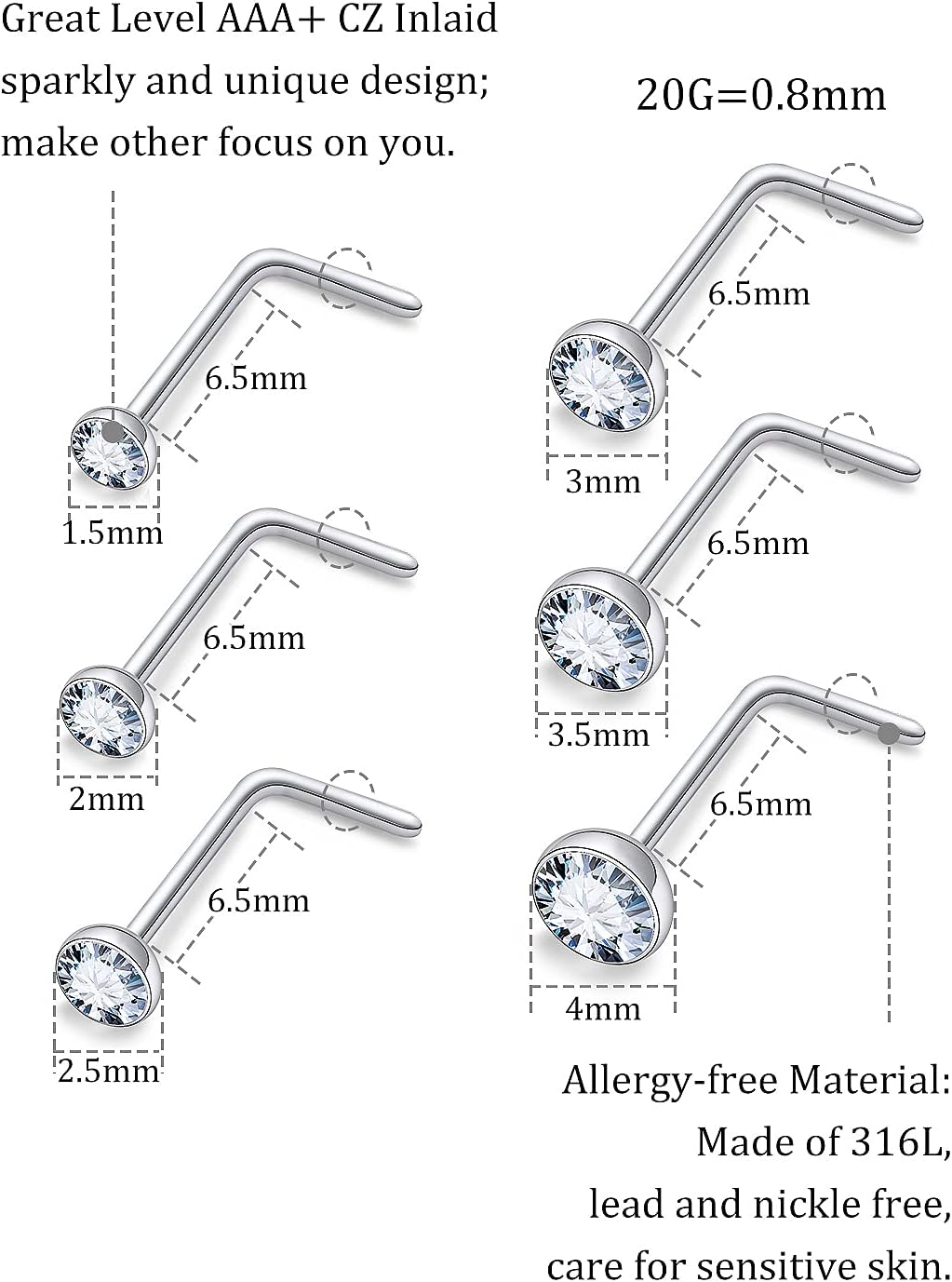 18G 20G 22G 24G Nose Rings Studs 316L Surgical Steel L Shaped Nose Nostril Studs Piercing Jewelry for Women Men Silver Gold Black CZ 1.5mm 2mm 2.5mm 3mm 3.5mm 4mm