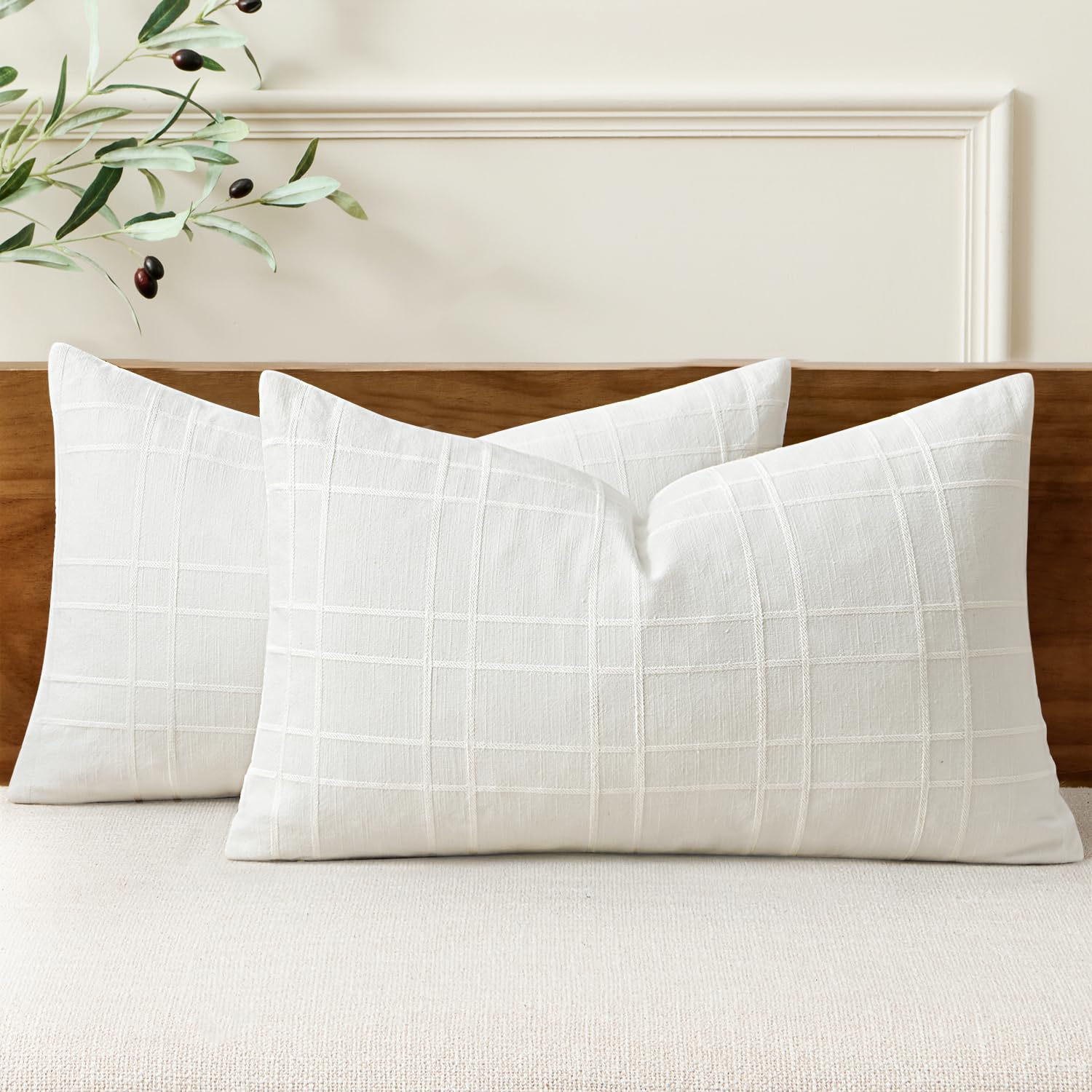 MIULEE Linen Plaid Pillow Covers Decorative Lumbar 12x20 Cream White