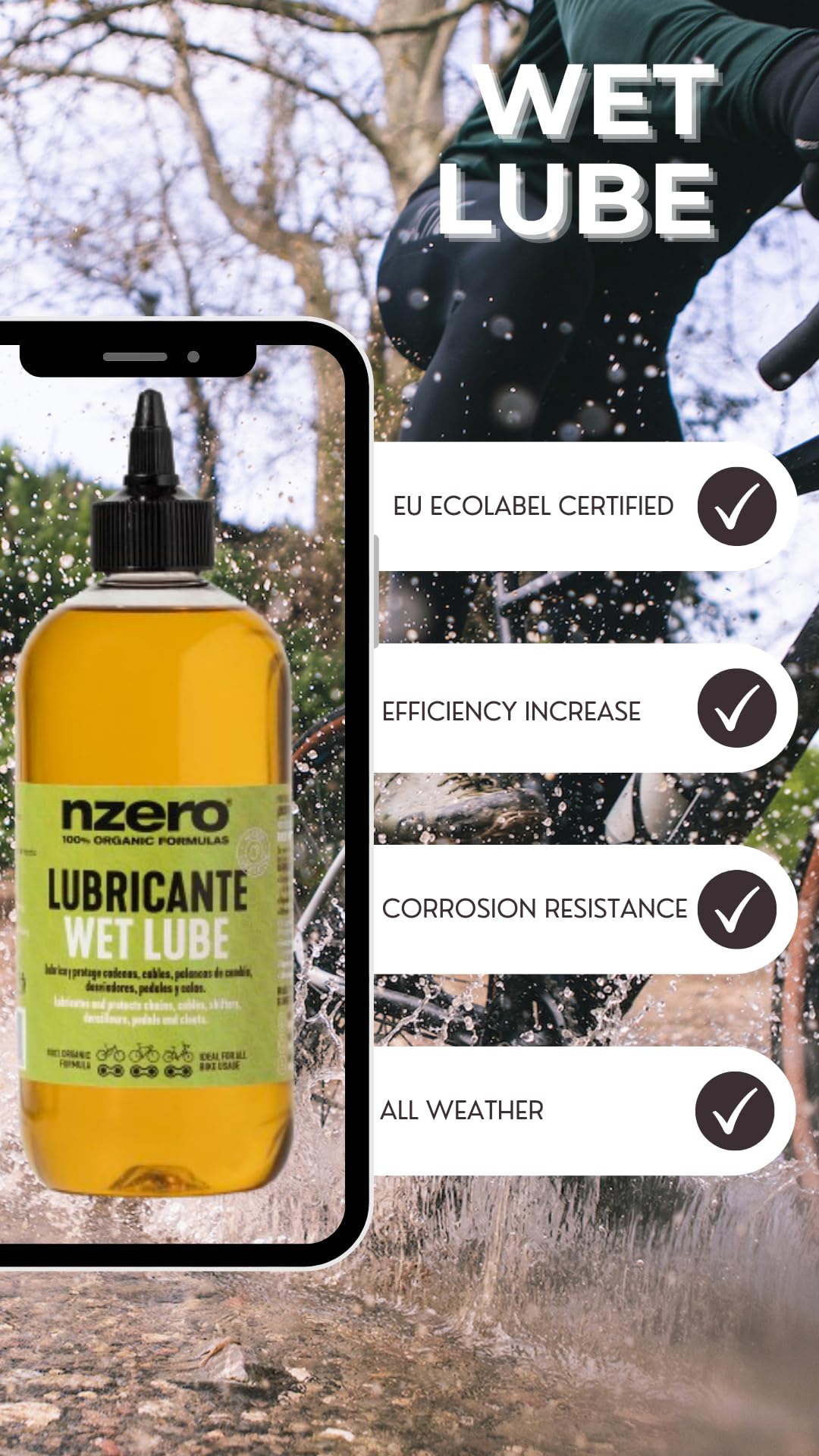 NZERO │ Lubrificante per catene di bici │ Olio 100% biologico organico │ Per mountain bike MTB, Road, Gravel, Urbane City, Elettriche e-bike │500 ml