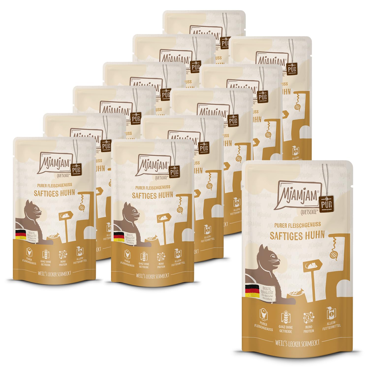 MjAMjAM - Premium Nassfutter für Katzen - Quetschie - saftiges Hühnchen pur, 12er Pack (12 x 125 g), getreidefrei mit extra viel Fleisch