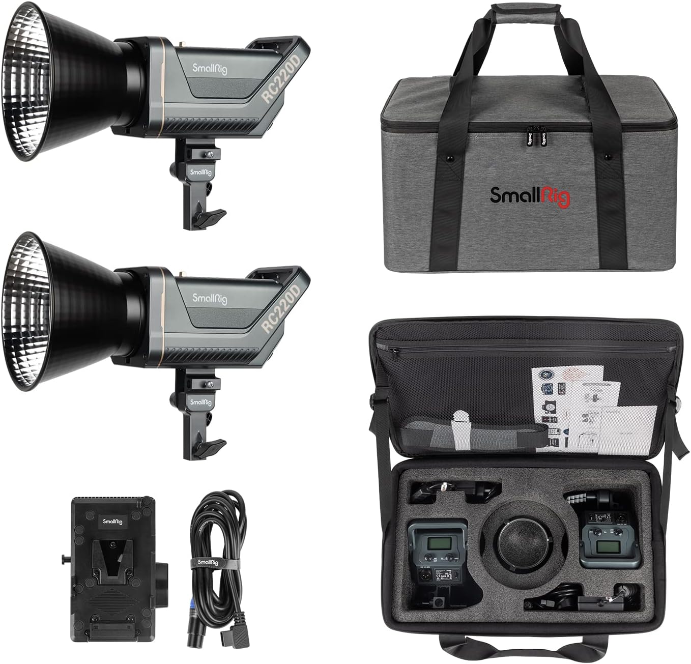 SMALLRIGRC 220D 2-Pack LED Video Light Kit 98700 LUX @3.3ft 5600K Continuous Output Light with TLCI 96+ CRI 95+, 9 Lighting Effects, V-Mount Battery Plate, App Control, Professional Studio Light