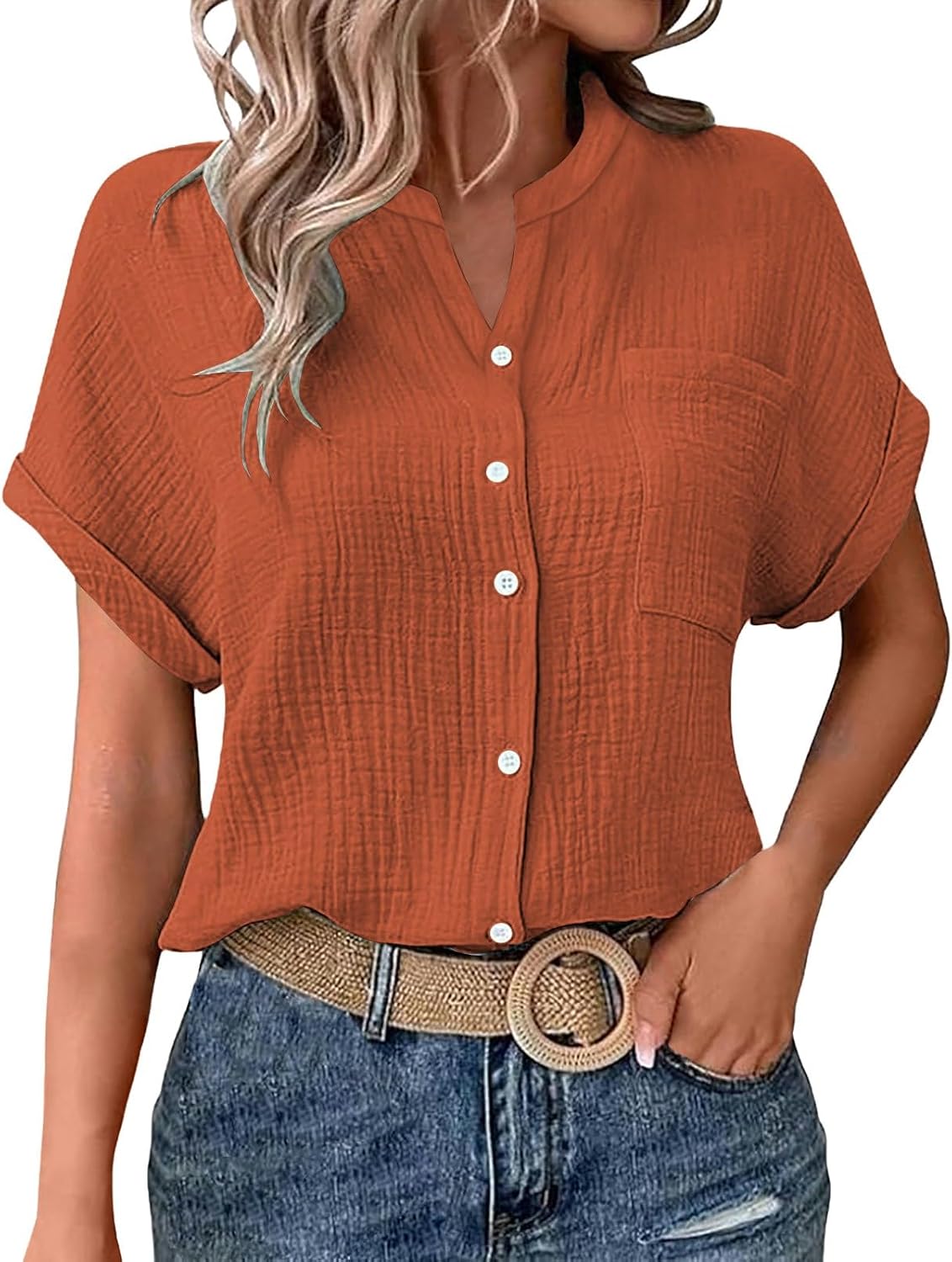 Womens Blouses Casual Tops Batwing Sleeve Pocket Patched Shirt Casual Work Dressy T Shirts Double Layer Wrinkled Fabric
