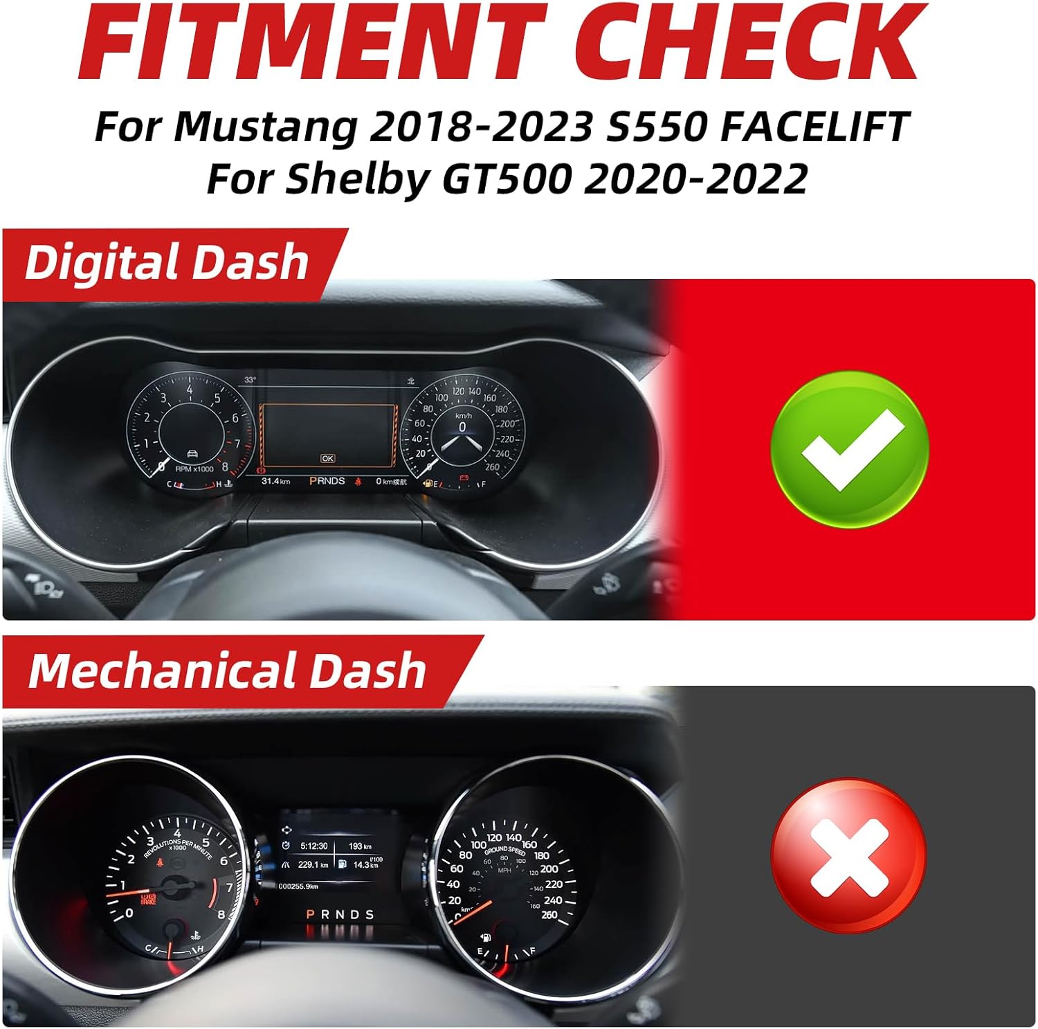 Hydro-dip Carbon Fiber Steering Wheel Includes Matching Trim Bezels, for Ford Mustang 2018-2023 GT EcoBoost Shelby GT500, Red Stripe Flat Bottom, Non-Heated
