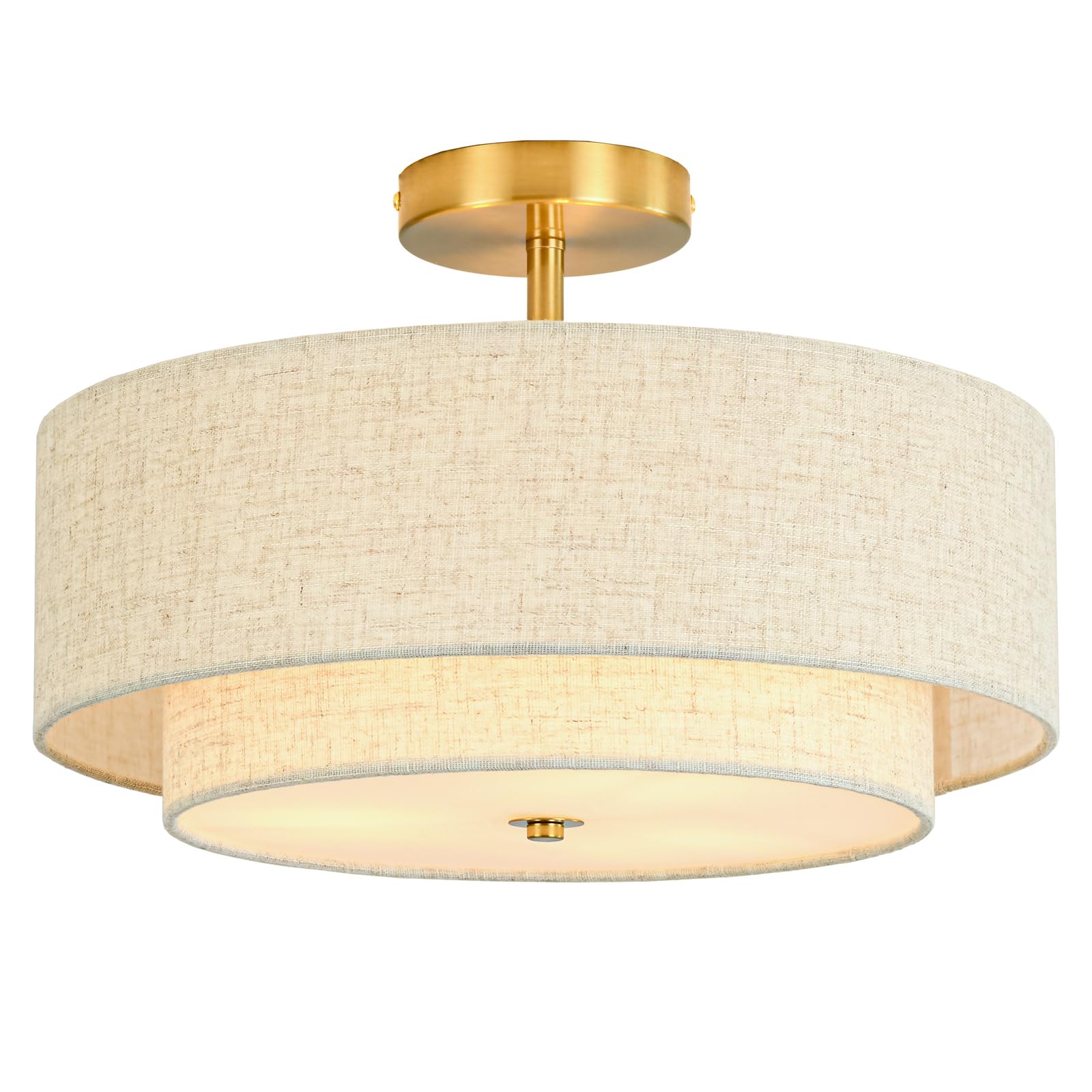 Photo 1 of **FOR PARTS ONLY**(MISSING PCS)
16" Semi Flush Mount Ceiling Light, 3-Light Gold Drum Ceiling Light Fixture with 2-Tier Fabric Linen Shade, Farmhouse Chandelier for Dining Room, Living Room, Bedroom, Kitchen, Hallway, Entryway