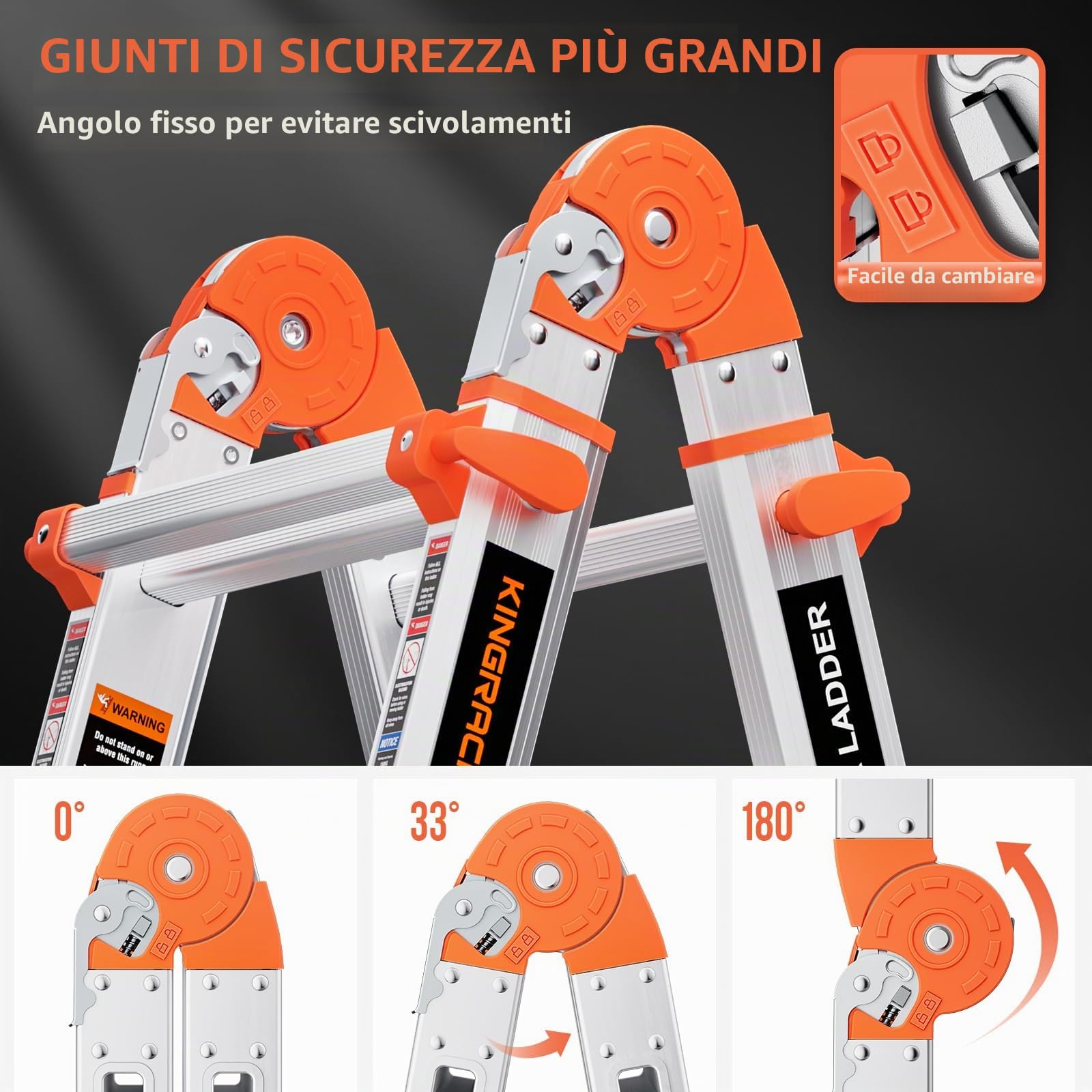 KINGRACK Scala telescopica in alluminio, scala allungabile multifunzionale antiscivolo con barra stabilizzatrice, carico di sicurezza 150kg, scala 4 gradini allungabile per scale, casa, esterno