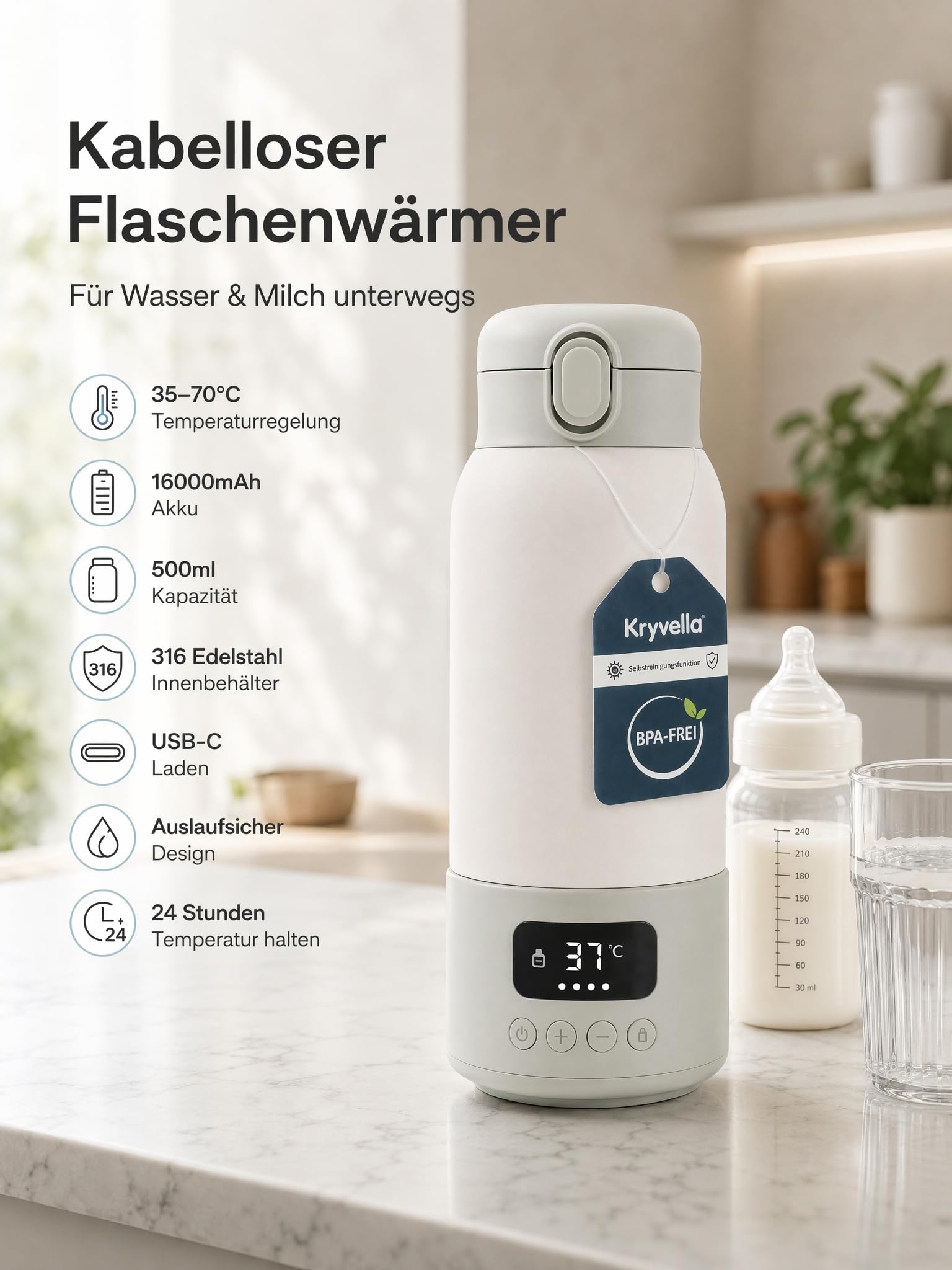 Flaschenwärmer Baby unterwegs mit Akku, tragbar, 500ml für Wasser & Milch | 316 Edelstahl Innenbehälter, präzise Temperaturregelung 35-70°C, 24h Warmhaltefunktion und USB-C Schnellladung