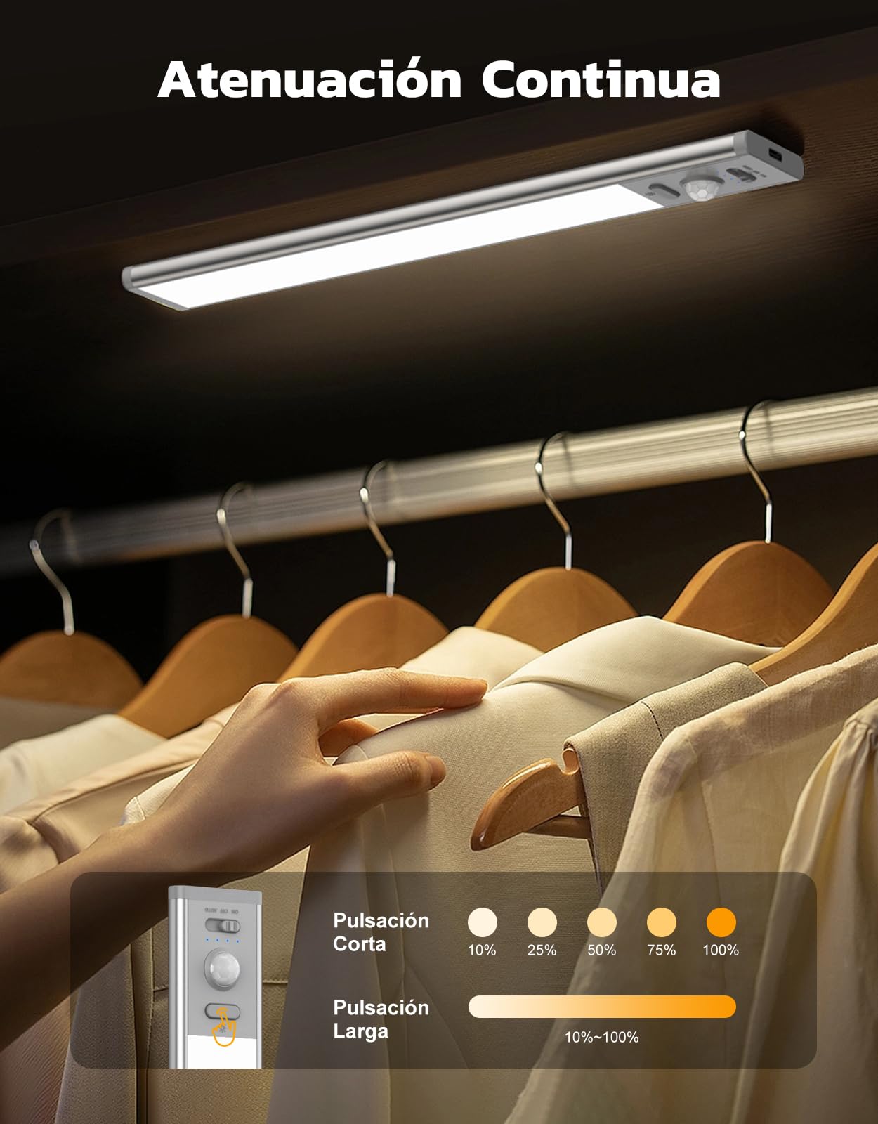 Luces LED Cocina Bajo Mueble [2 Piezas], 6000K 35 LEDs Luz Armario con Sensor de Movimiento Magnética Adhesiva, 3 Modos 2000mAh Recargable Luz Nocturna para Pasillo, Sótano, Escalera, Gabinete
