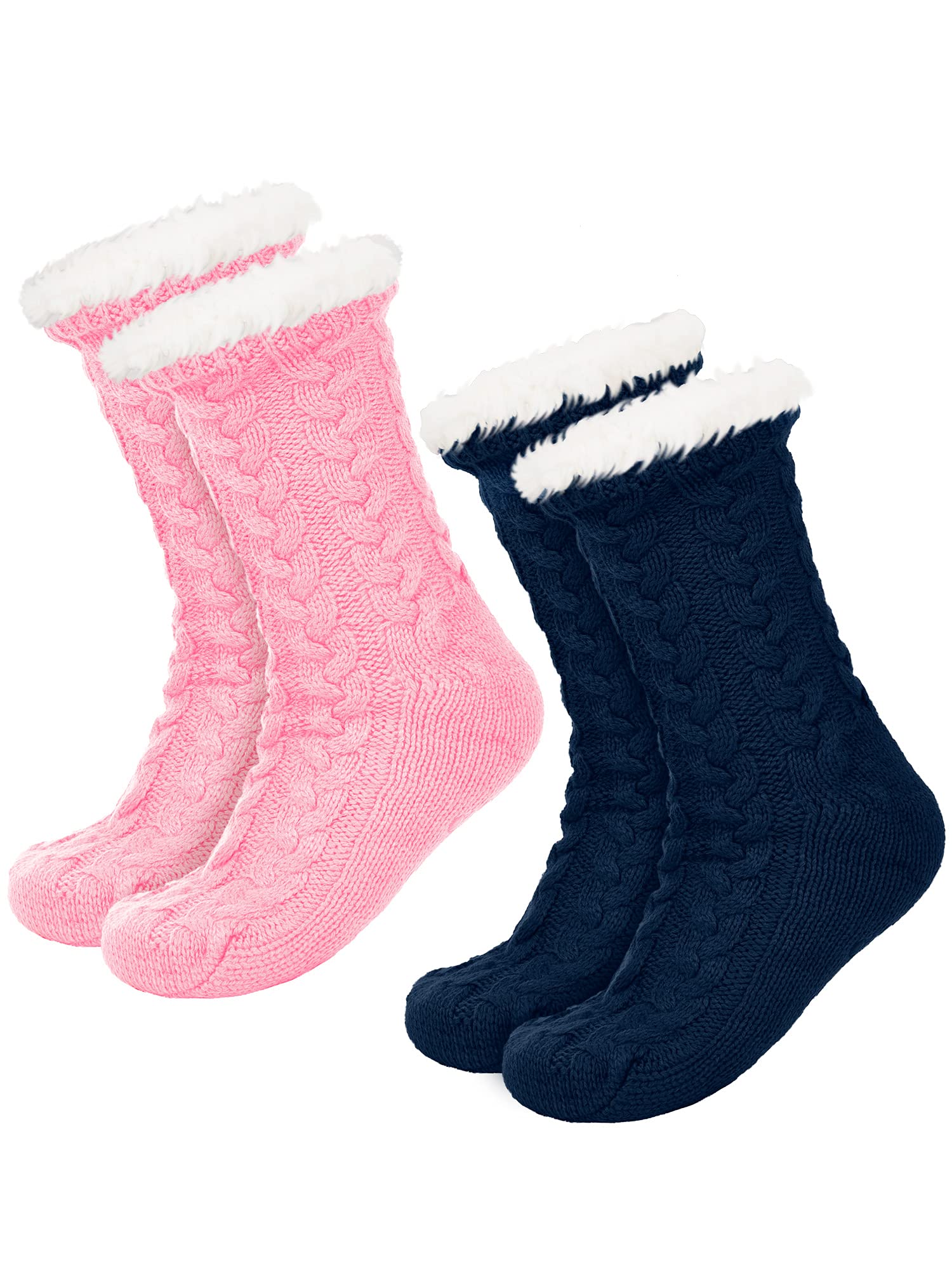 2 Pairs Women's Warm Slipper Socks Christmas Fuzzy Socks Fleece-lined Non Slip Slipper Socks