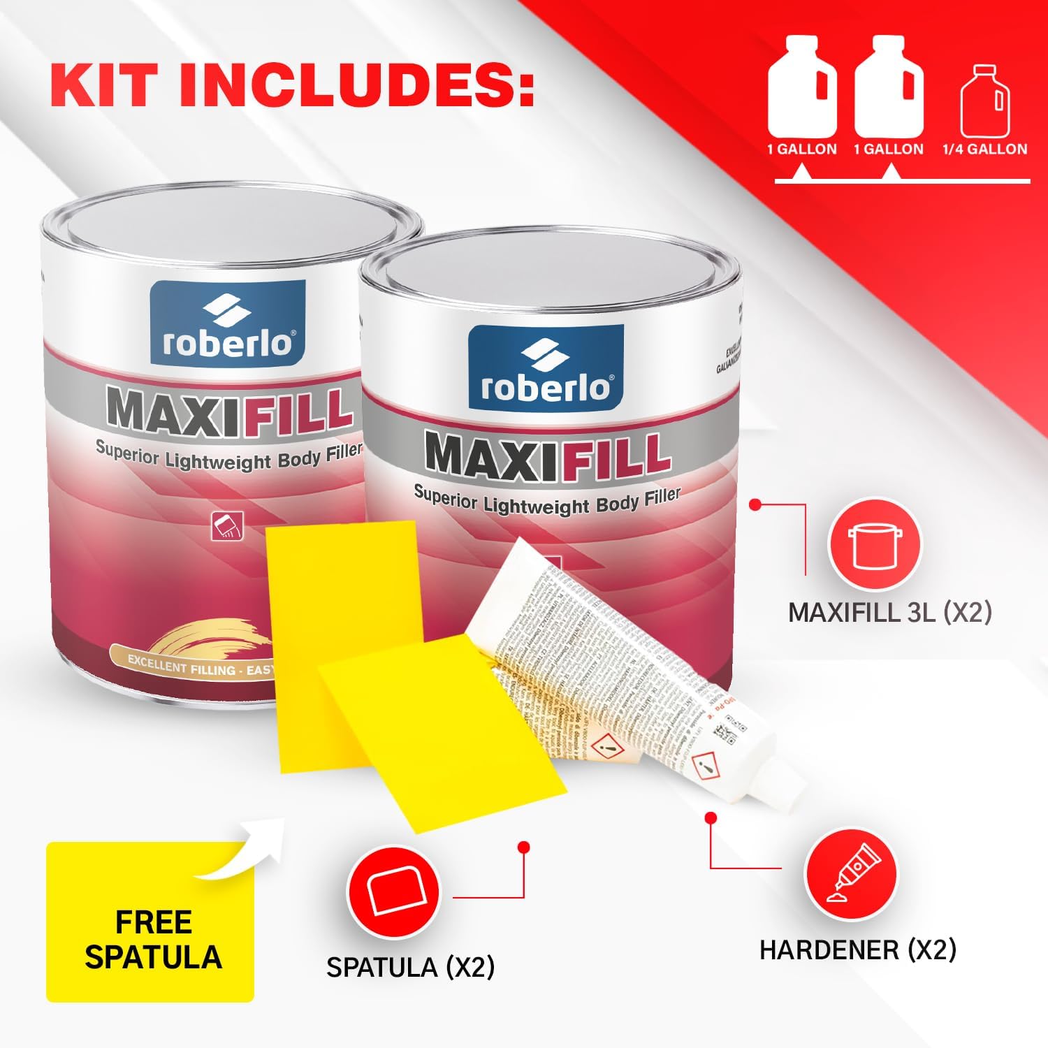 Maxifill Superior Lightweight Body Filler – Easy Sanding & Paintable for Car Repairs – Ideal for Dents, Holes & Rust – Ultra Smooth Finish – Pack of 2 x 3 Liters + Hardener