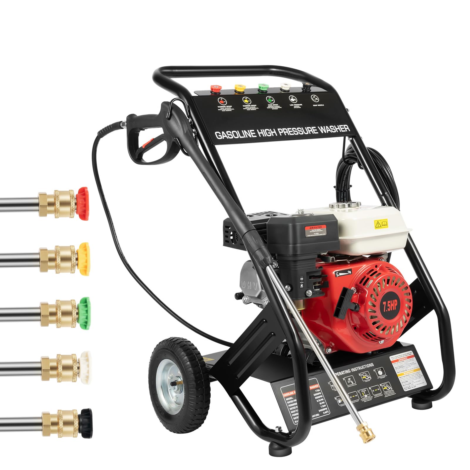7.5HP 4-Stroke Petrol Pressure Washer, Single Cylinder Air Cooling, Petrol for Home and Cars, Light Dirt on Bicycles, Garden Fences, Motorcycles, with Gun