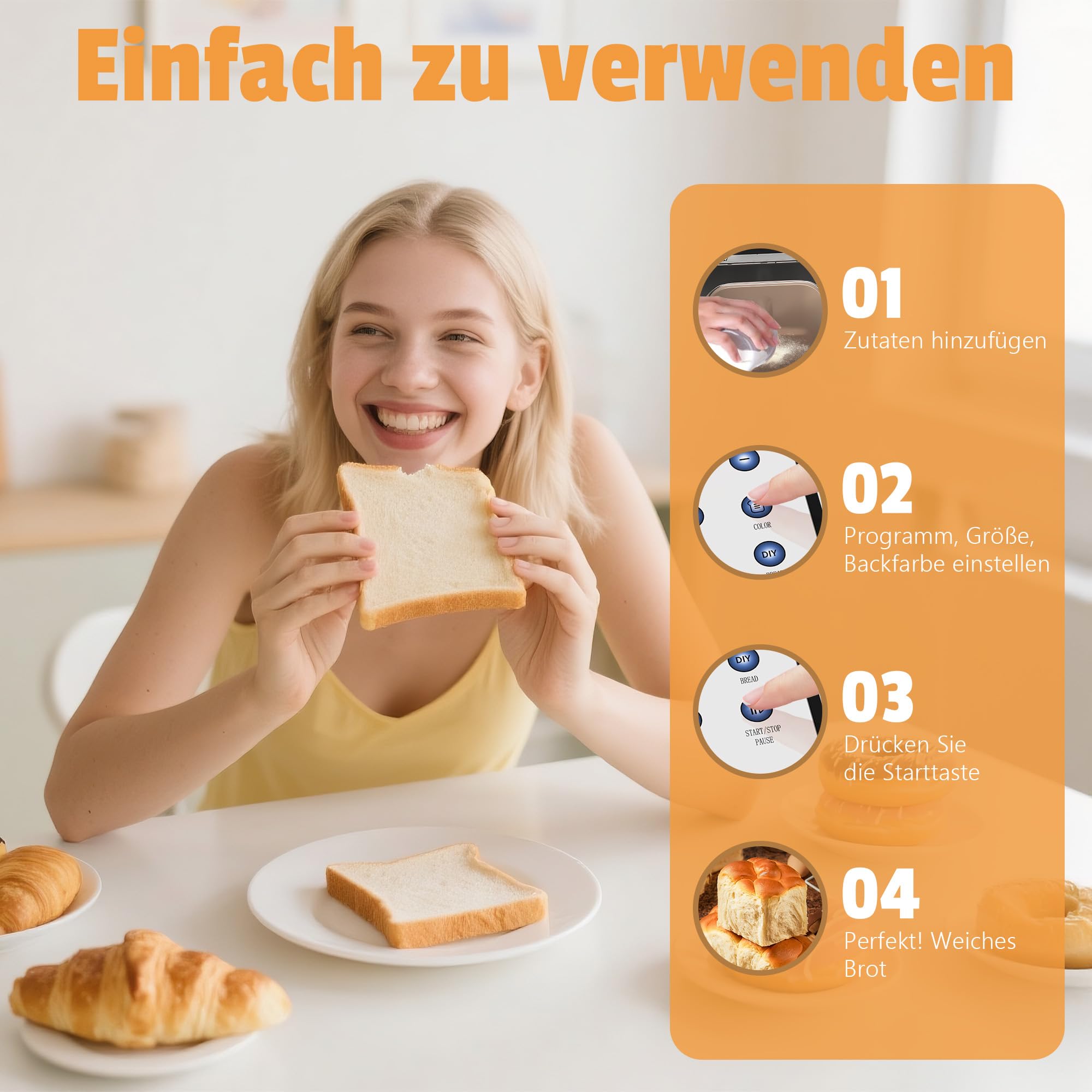 Karinear Brotbackautomat ohne Loch im Brot – 20 Programme Brotbackmaschine, 15-Std.-Timer, 3 Laibgrößen & Bräunungsstufen, 2LB Brotbackautomat, Bread Maker inkl. hitzebeständige Handschuhe, Weiß