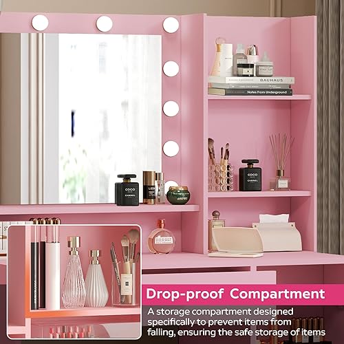 Miniatura 2 de Palimder Escritorio de tocador con espejo y luz, cajón grande y cómoda de almacenamiento de tres niveles, 3 modos de iluminación de brillo