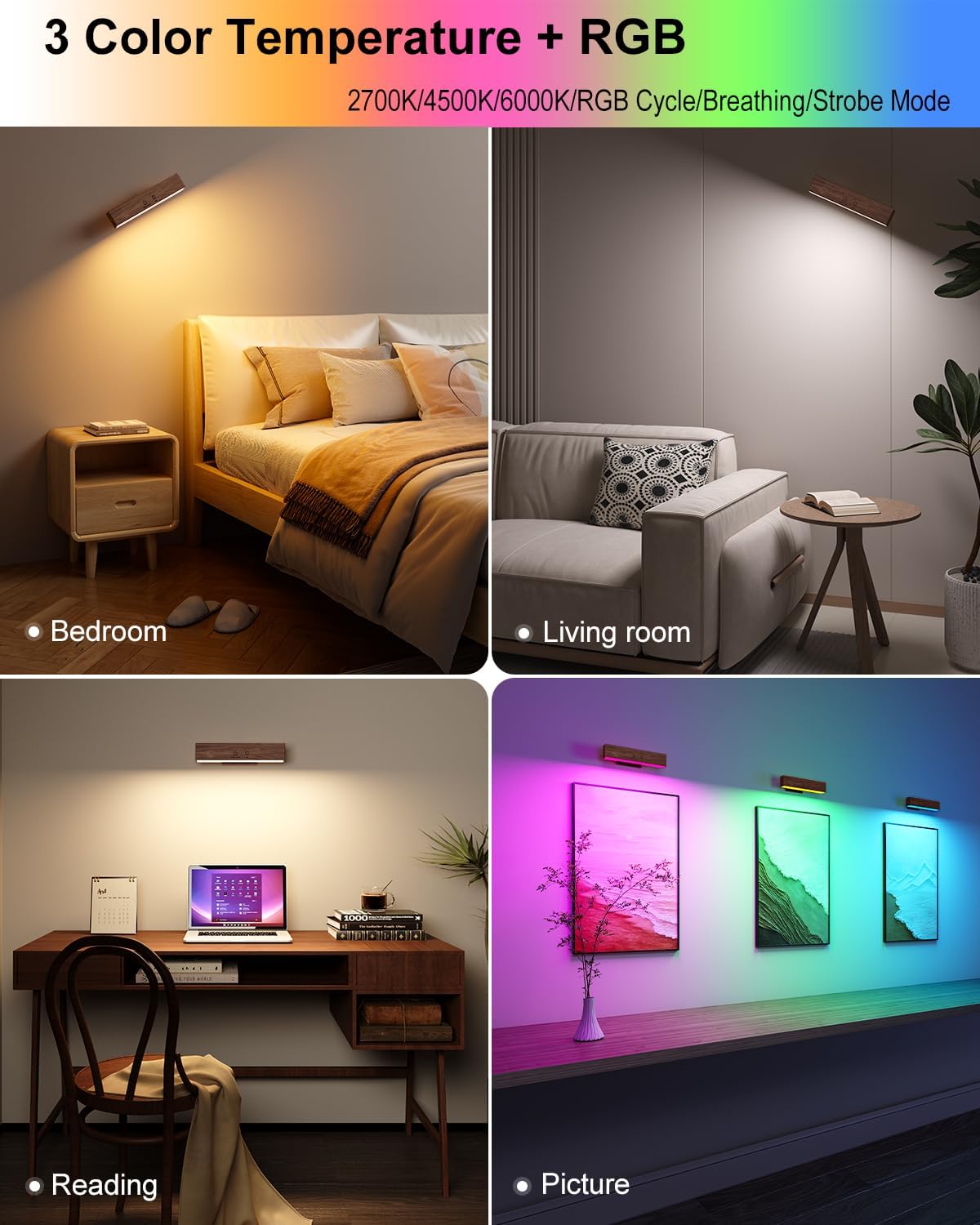 Rechargeable Wood Wall Sconce (2 Pack) with Remote & Touch, 5200mAh Battery Operated Wall Lights with 3 Color Temperatures & RGB. Magnetic, Stick-On, Dimmable Wall Reading Lamp for Bedroom, Picture