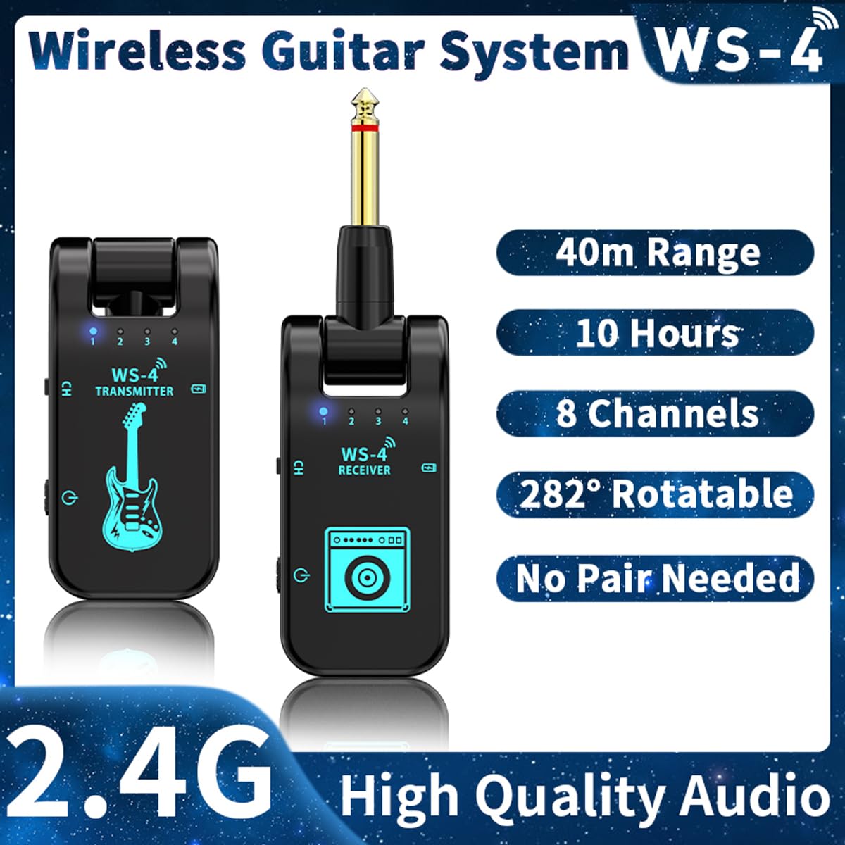 Système de Guitare Sans Fil, 2,4 GHz, 8 canaux, rechargeable, émetteur audio sans fil pour guitare électrique, basse et instruments à vent, transmission en temps réel 48 K/16 bits