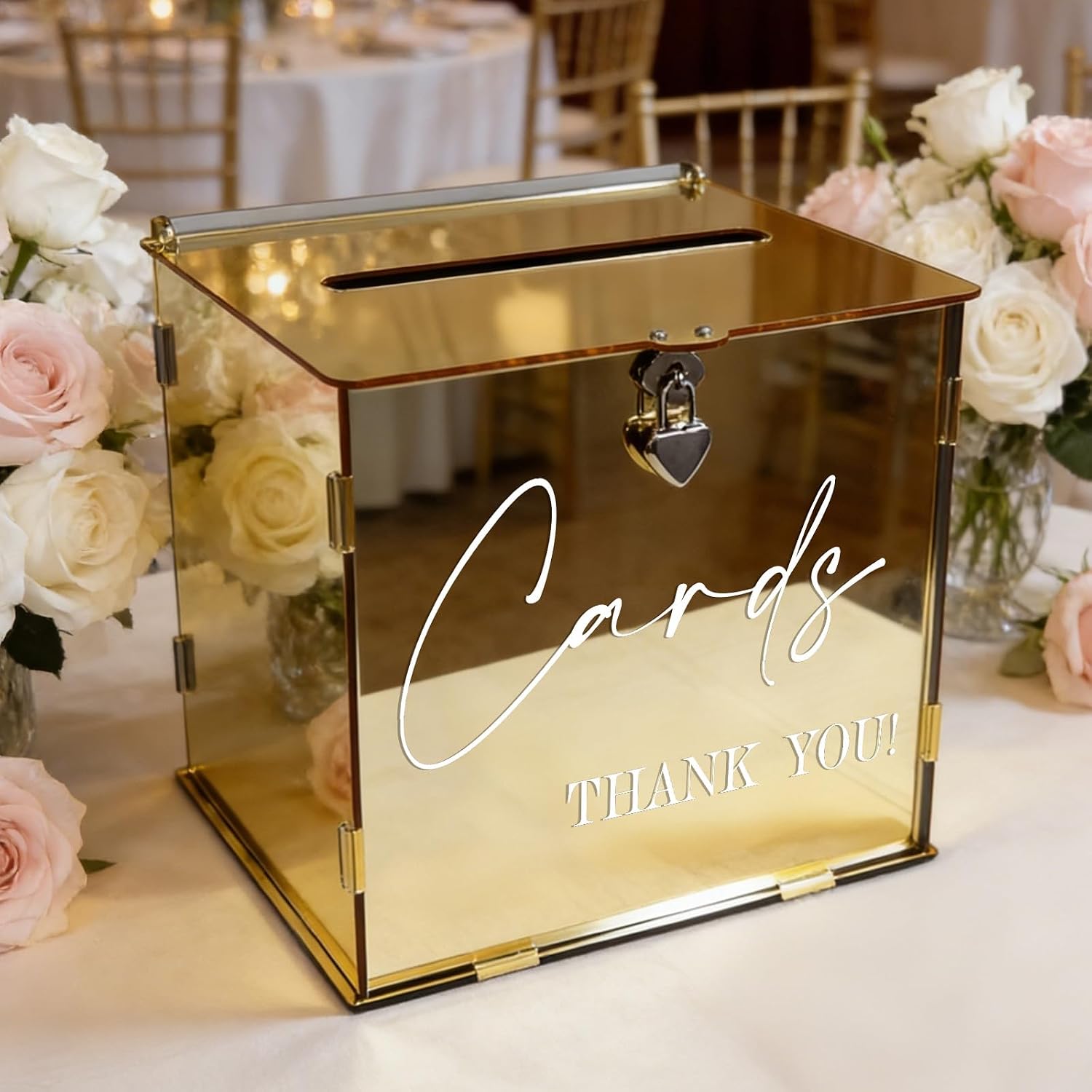 Gold Acrylic Card Box with Lock & Slot, Classy Golden Wedding Card Boxes for Reception, Luxury Monetary Envelope Gift Box for Party Graduation Birthday Anniversary Baby Shower All Occasions