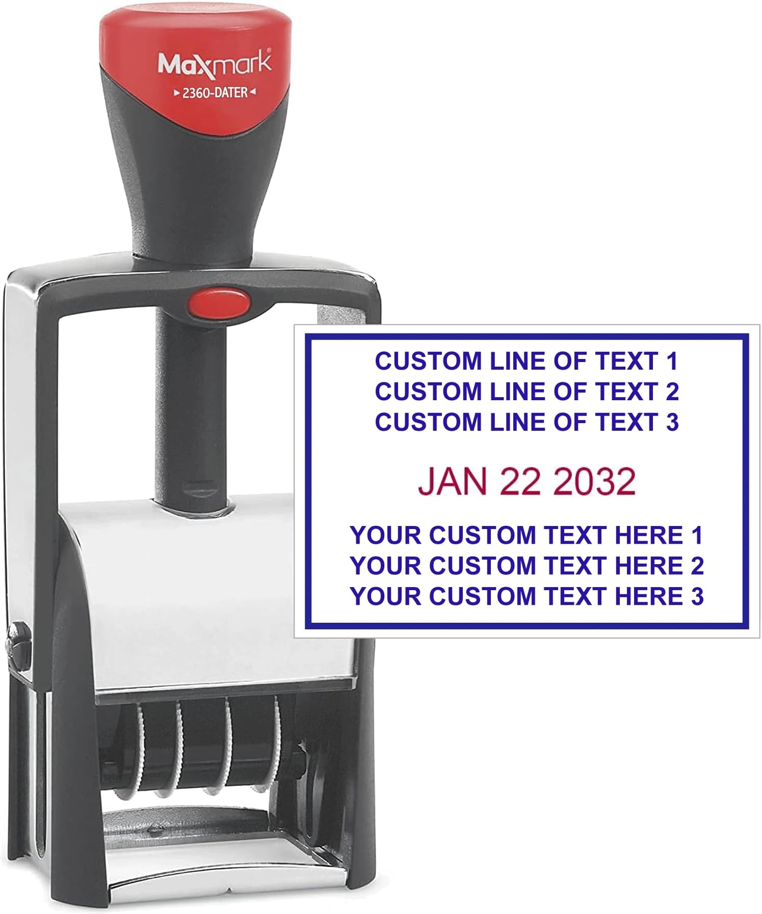 MaxMark Heavy Duty Date Stamp with 6-Line Custom Text, Self Inking Date Stamp - 2360 - Choose from Many Font and Color Options