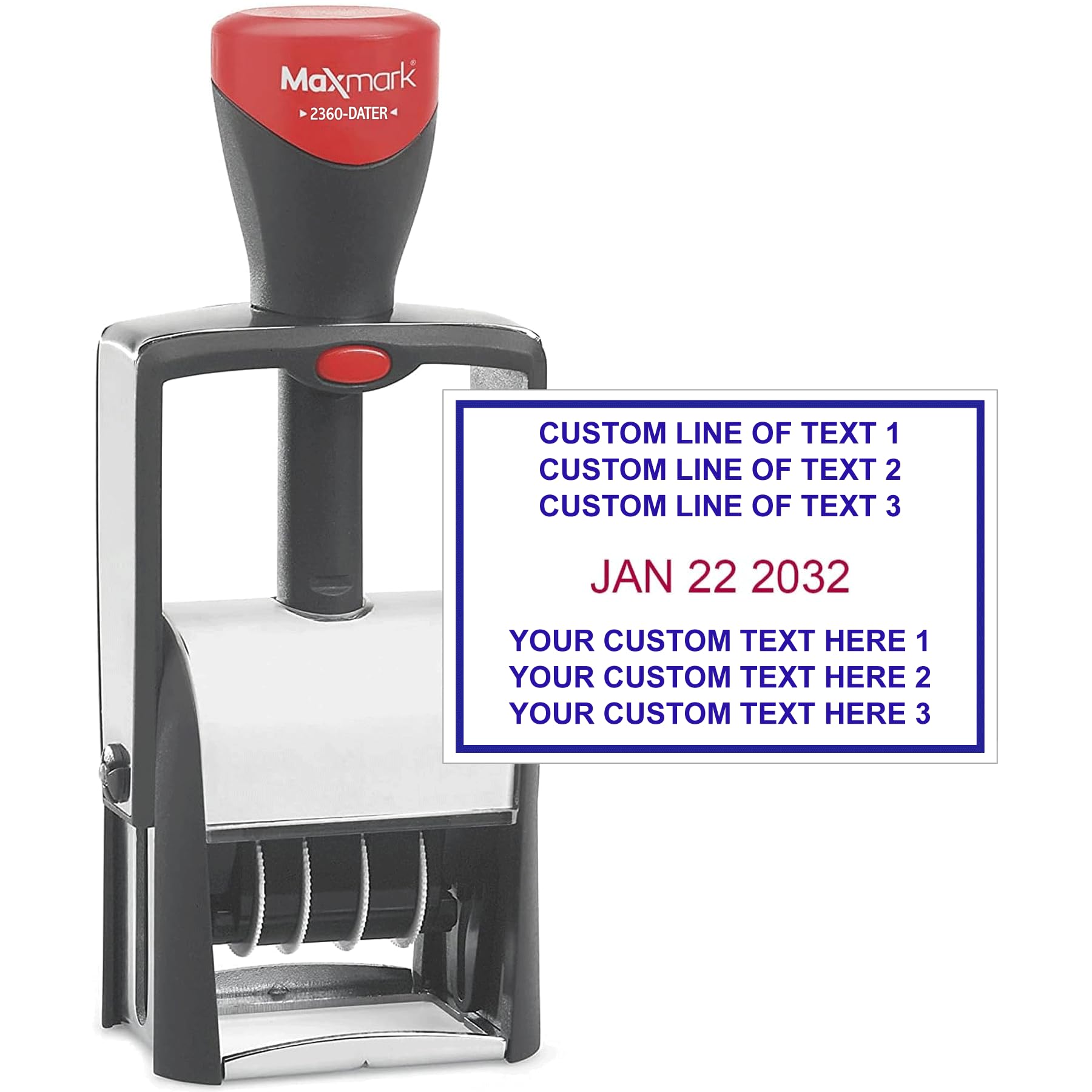 MaxMark Heavy Duty Date Stamp with 4-Line Custom Text, Self Inking Date Stamp - 1-1/4" x 1-13/16" - Choose from Many Font and Color Options