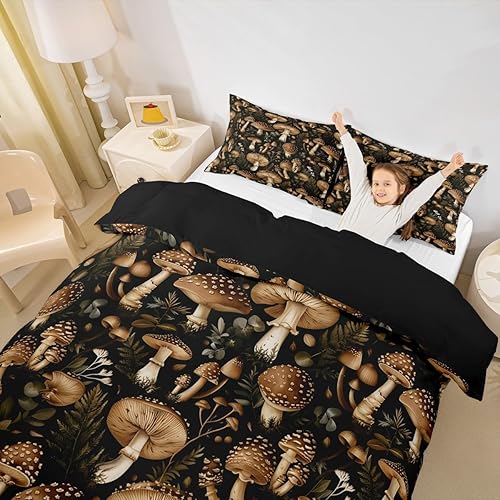 Miniatura 18 de Juego de funda de edredón de 3 piezas, diseño de hongos, diseño de hojas botánicas de acuarela y fresa, para niños, adolescentes, adultos, libélula