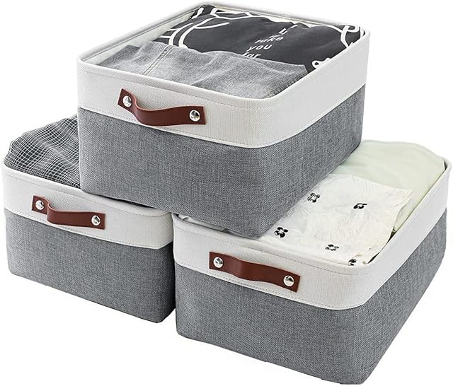 Mangata Storage Baskets, Fabric Storage Boxes, Cold Grey&White (Large, 3Pack)
