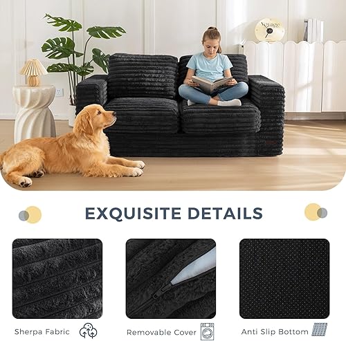 Miniatura 55 de MAXYOYO Puf gigante para adultos, sofá tapizado de suelo con almohadas y reposabrazos, puf grande de felpa, sofá para dormitorio, sala de estar,