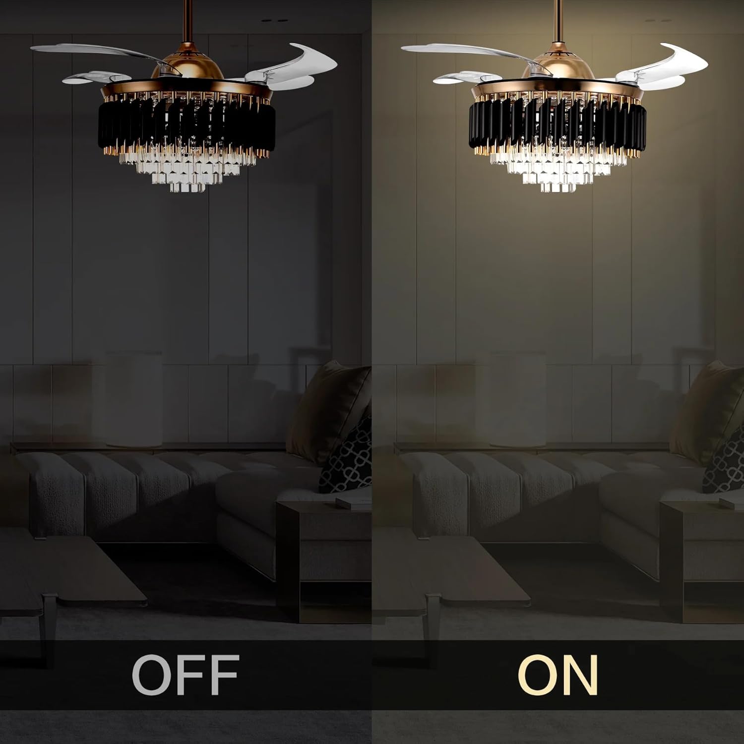 Ridgeyard 42" Crystal Ceiling Fan with Light, 3 Color 6 Speed Led Fan Chandelier Pendant Light with 4 Invisible Retractable Blades & App Remote Control for Living Dining Room Bedroom - Black Gold