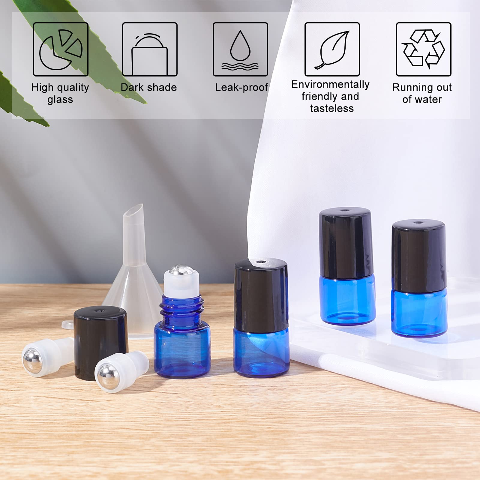 BENECREAT 30 Pack 1ml Bleu Bouteilles à rouler en verre Flacon roll-on d'huiles essentielles avec des billes à rouleaux en acier inoxydable
