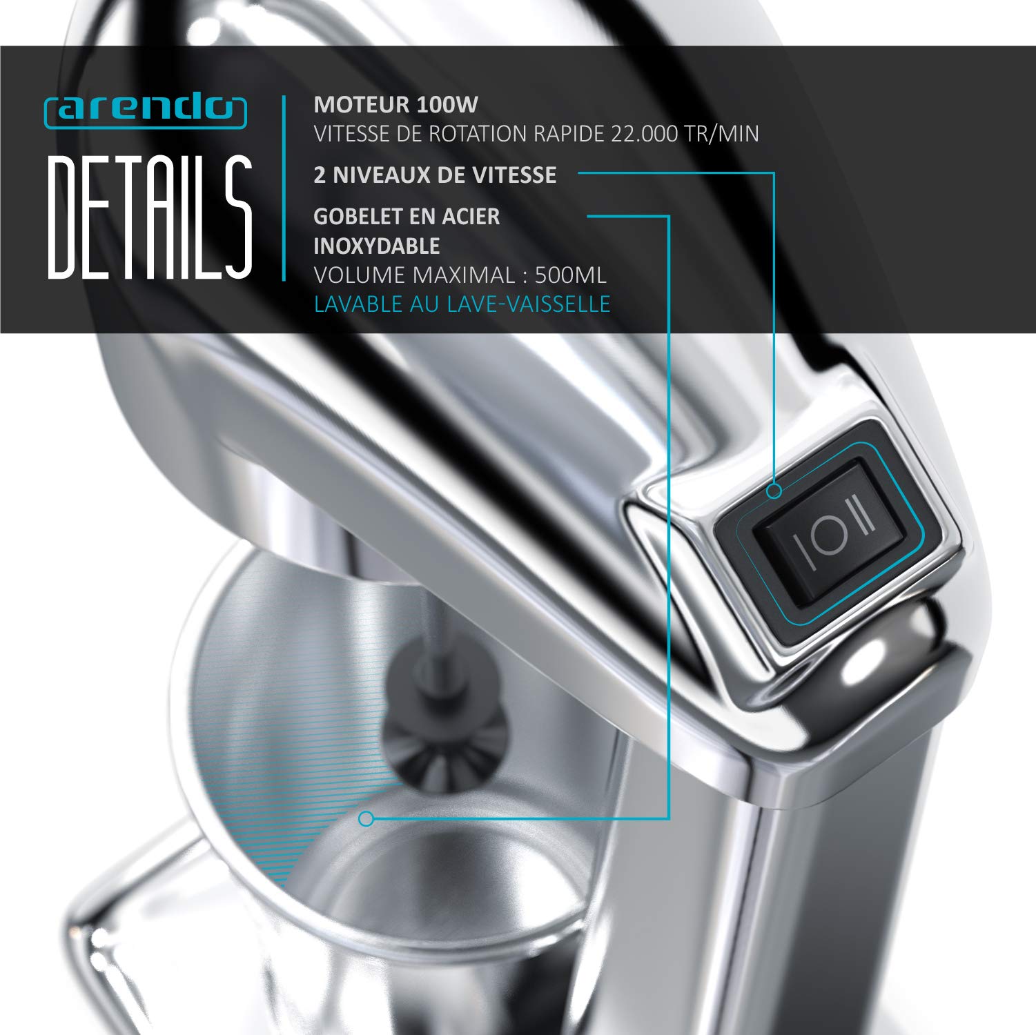 Arendo - Mixeur mélangeur de boissons, Mixer Plongeantblender shaker, Mixeur électrique cuisine, 2 vitesses 22.000 tr/min, Récipient 500ml inox, pour boissons protéinées Smoothies Milkshakes Cocktails