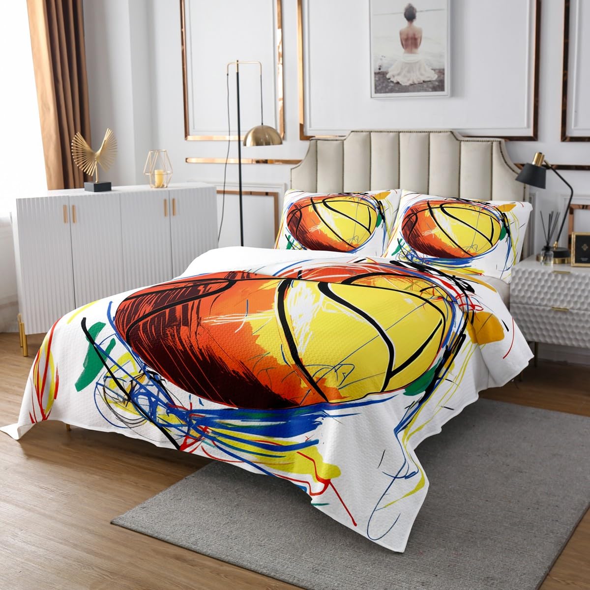 Homemissing Juego de colcha de baloncesto para niños, tamaño individual, juego de colcha deportiva para niños, adolescentes, decoración de regalo para amantes del baloncesto, jugador de baloncesto