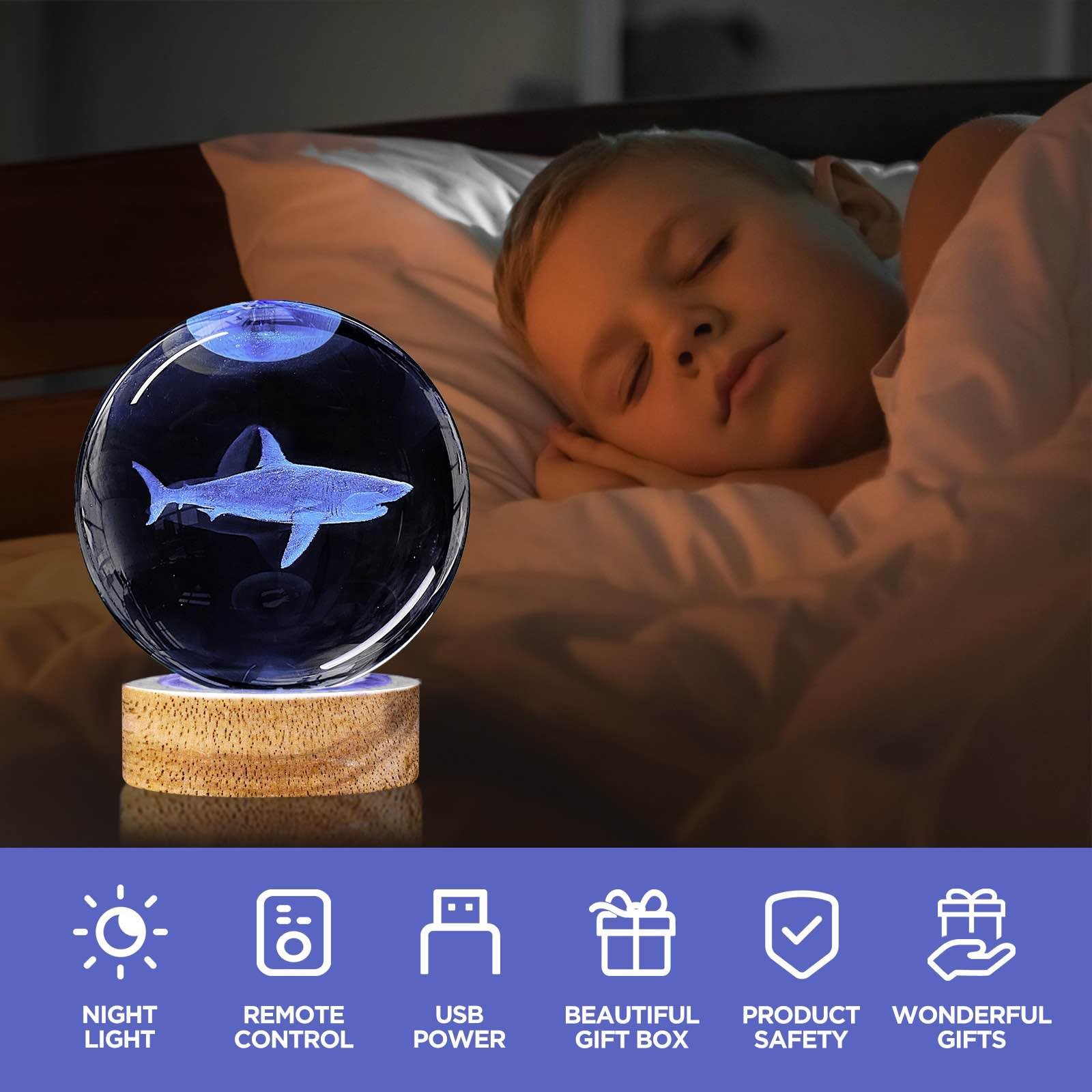 3D Crystal Ball Night Light with Wooden Base, 3.15" Shark Glass Ball Lamp, 16 Colors, Remote Control, Cool Desk Decor
