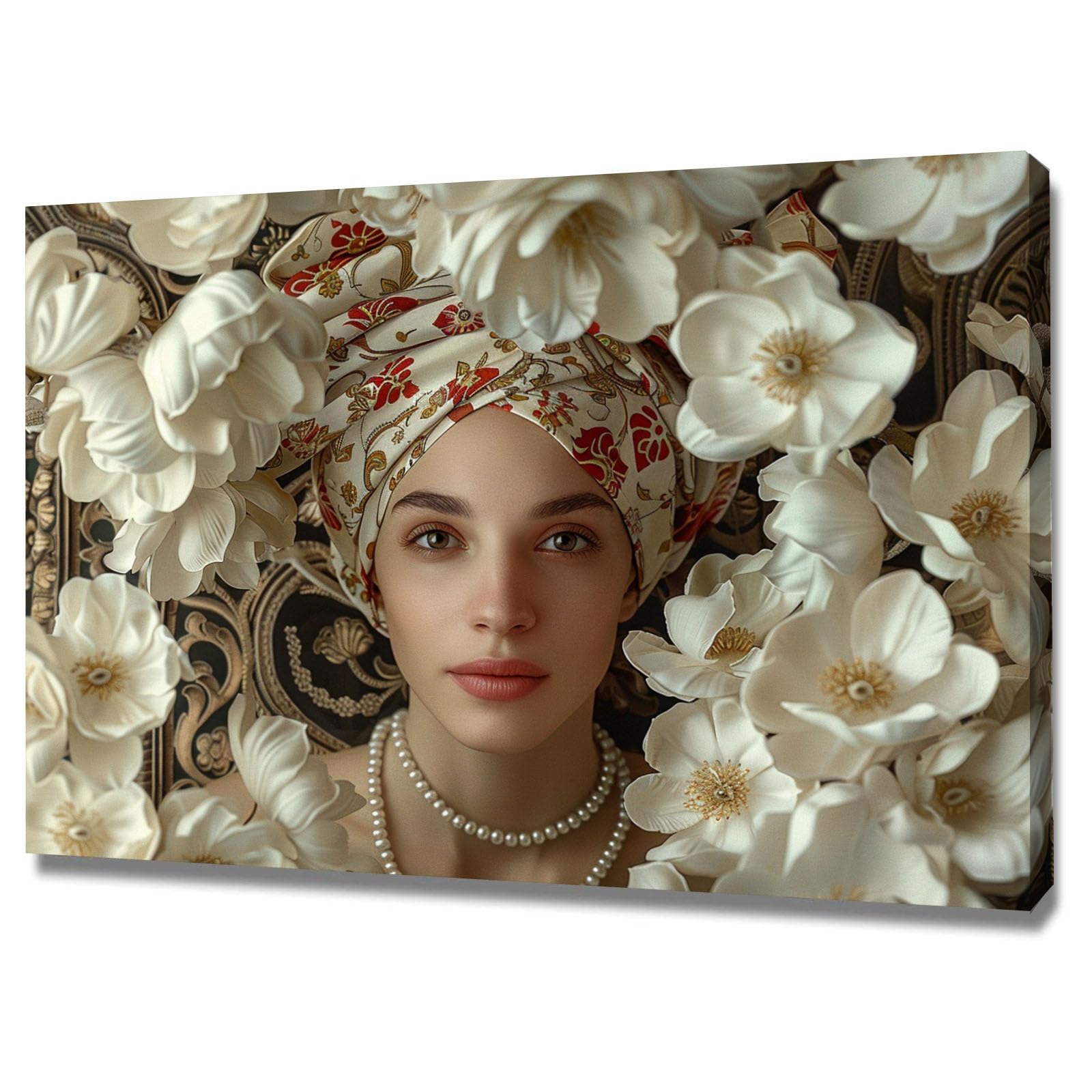 TERUEA Funny Bathroom Wall Art Print Woman With Floral Turban And White Flowers Vintage Humor Wall Art Poster for Bathroom Toilet Decor(White)-70x100cm Framed